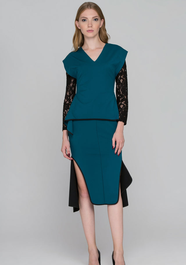 Teal Green Black Lace Sleeve Midi Dress