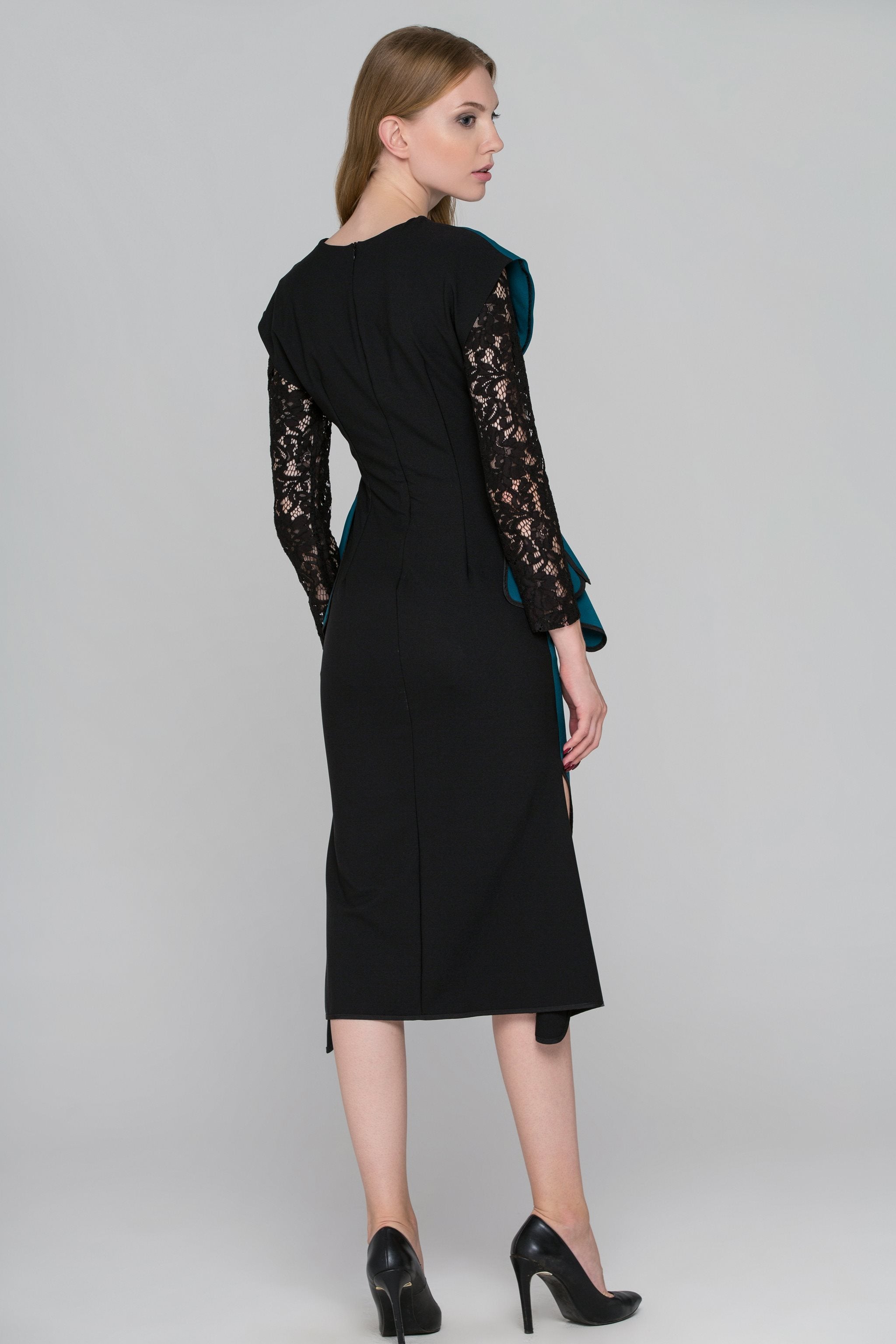 Teal Green Black Lace Sleeve Midi Dress