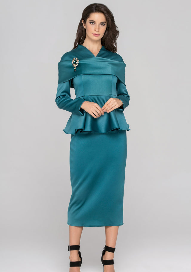 Blue Green Sleeved Satin Peplum Midi Dress