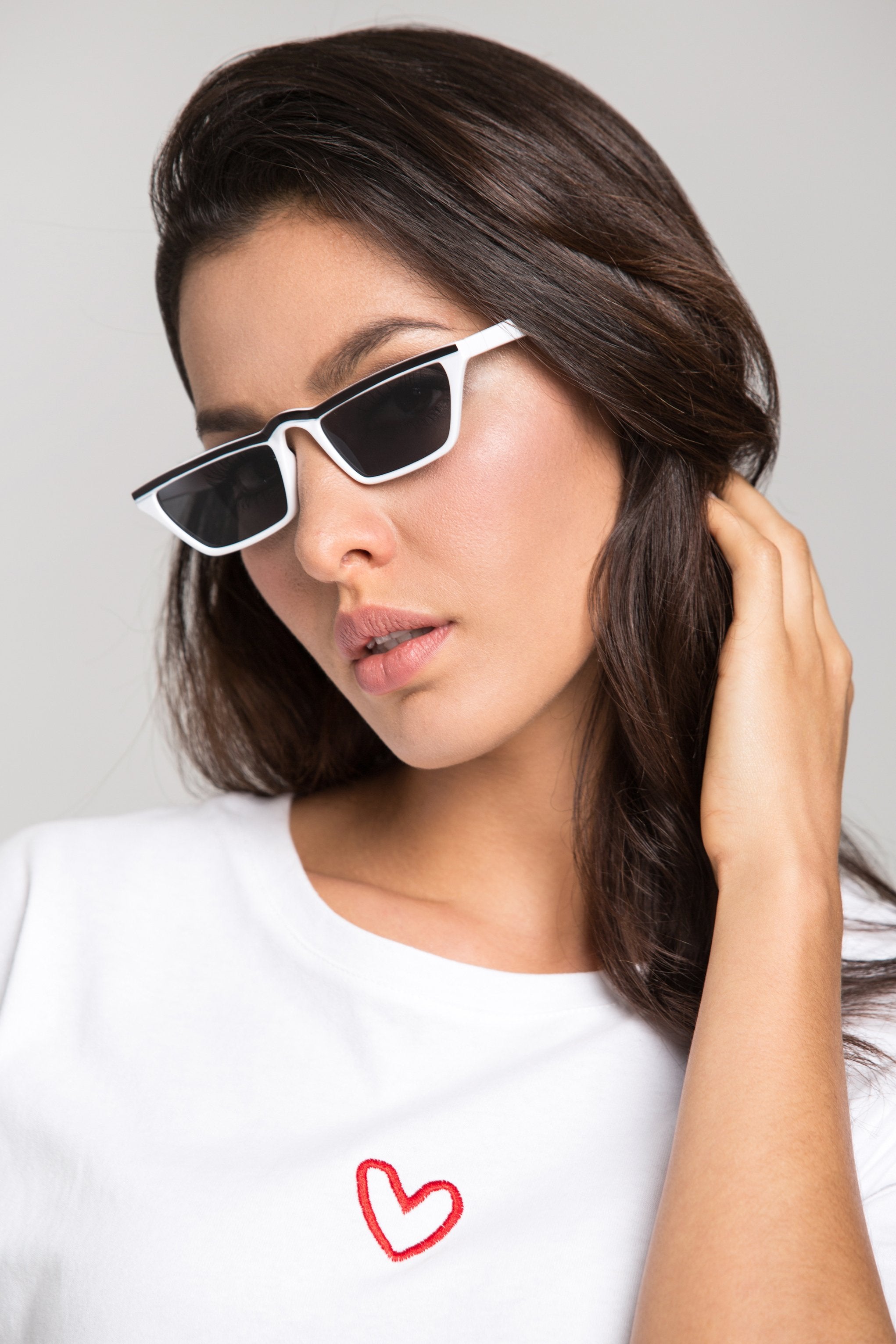 White Black Top Rim Slim Rectangle Sunglasses