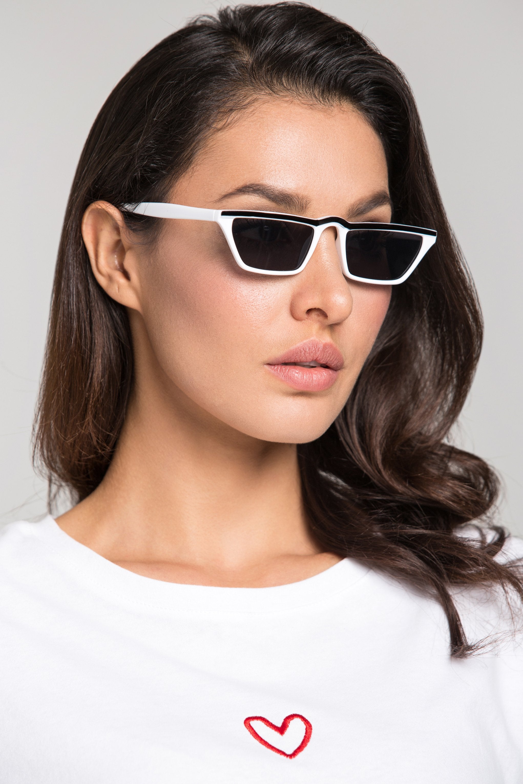 White Black Top Rim Slim Rectangle Sunglasses