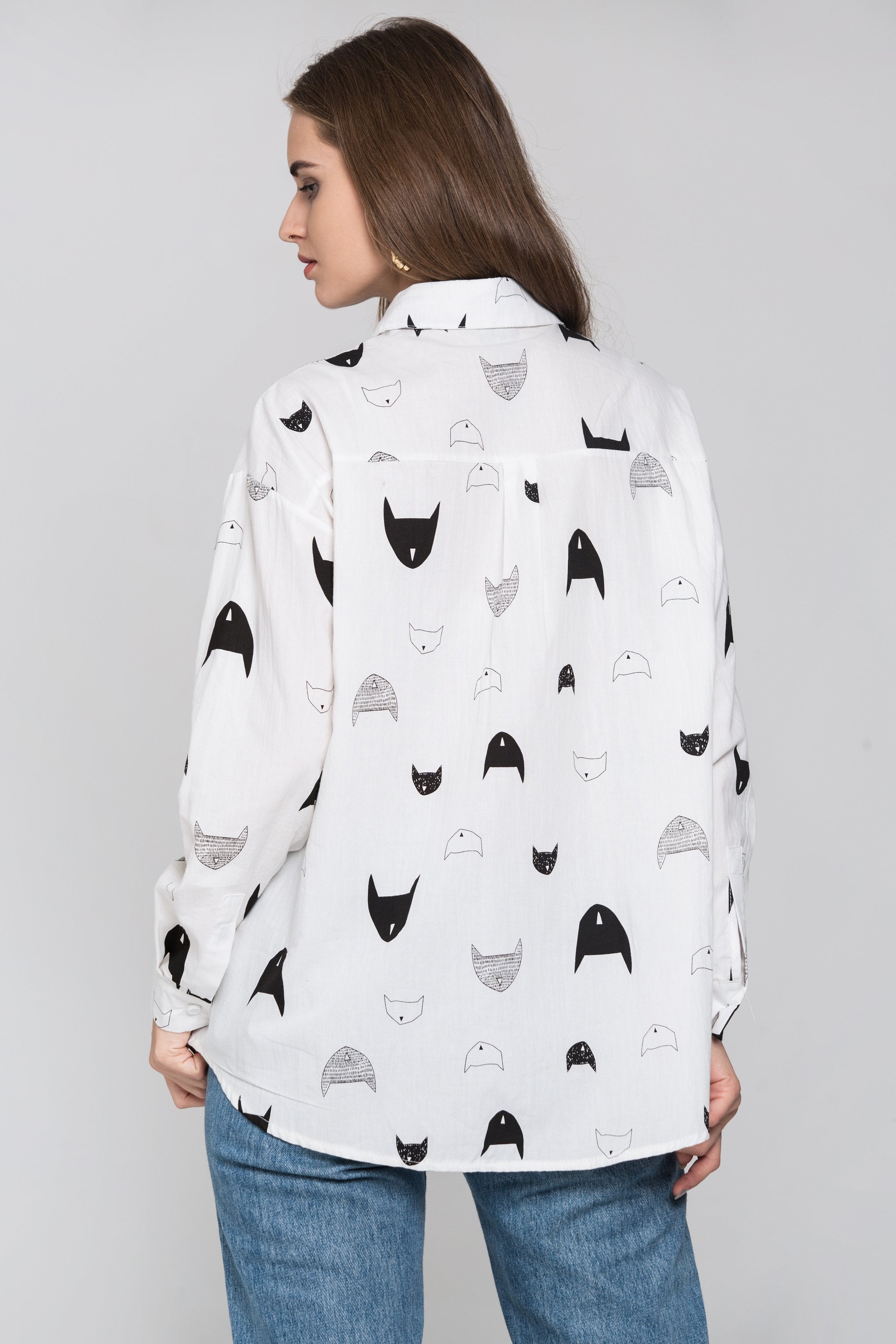 White Cat Print Sleeved Button Up Top