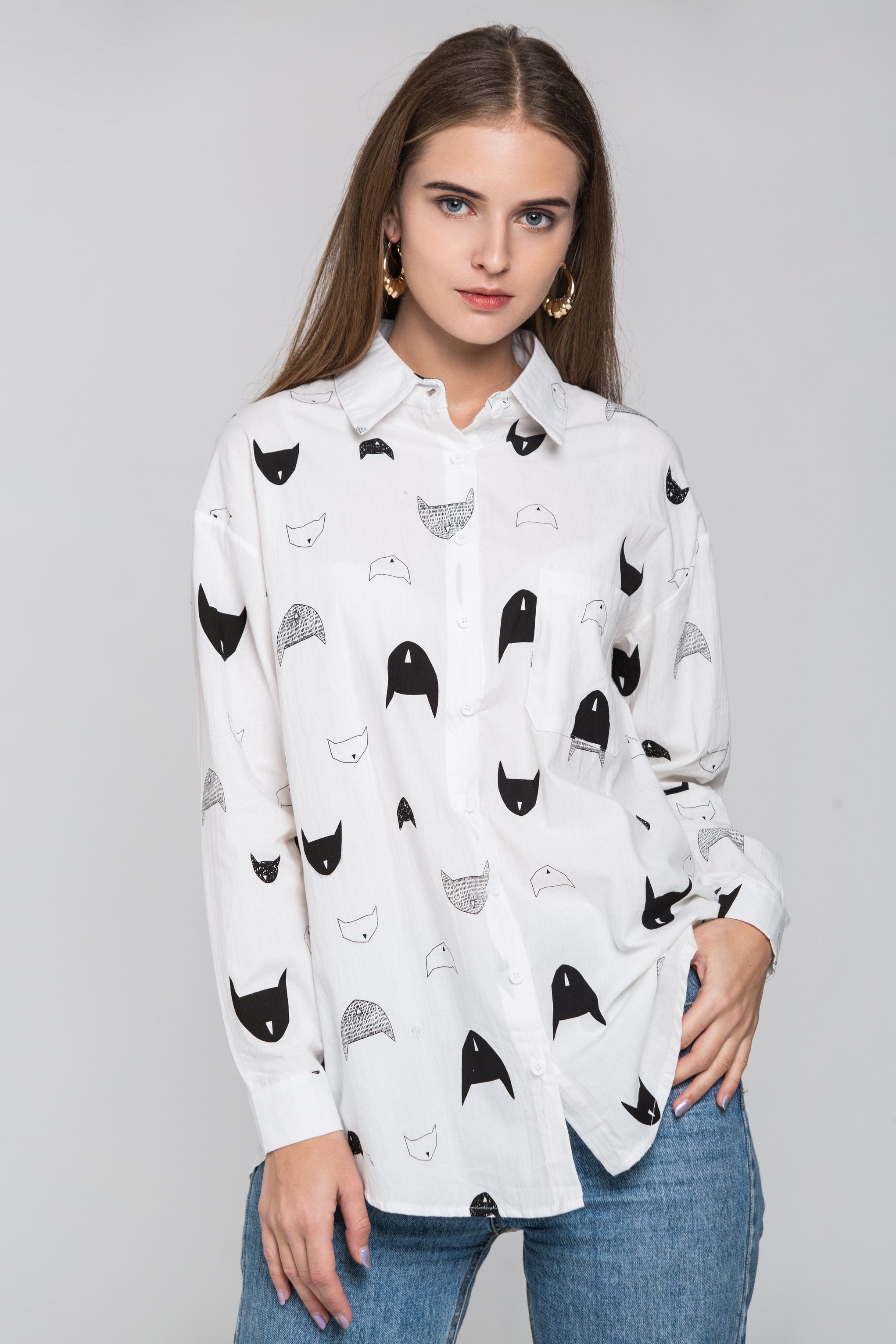 White Cat Print Sleeved Button Up Top