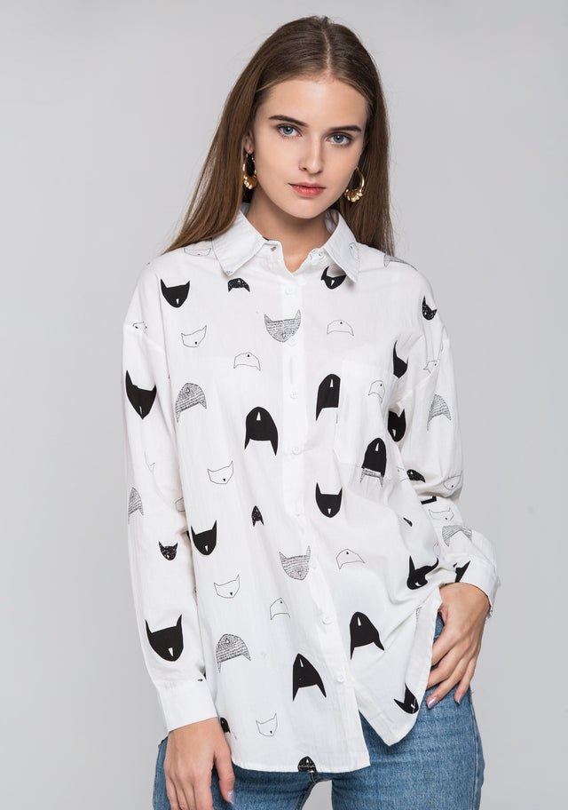 White Cat Print Sleeved Button Up Top