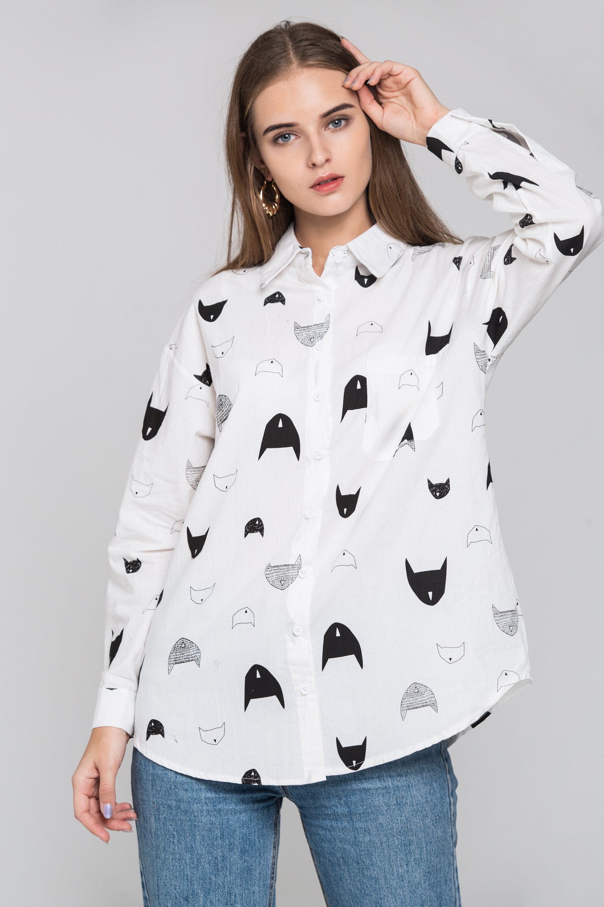 White Cat Print Sleeved Button Up Top