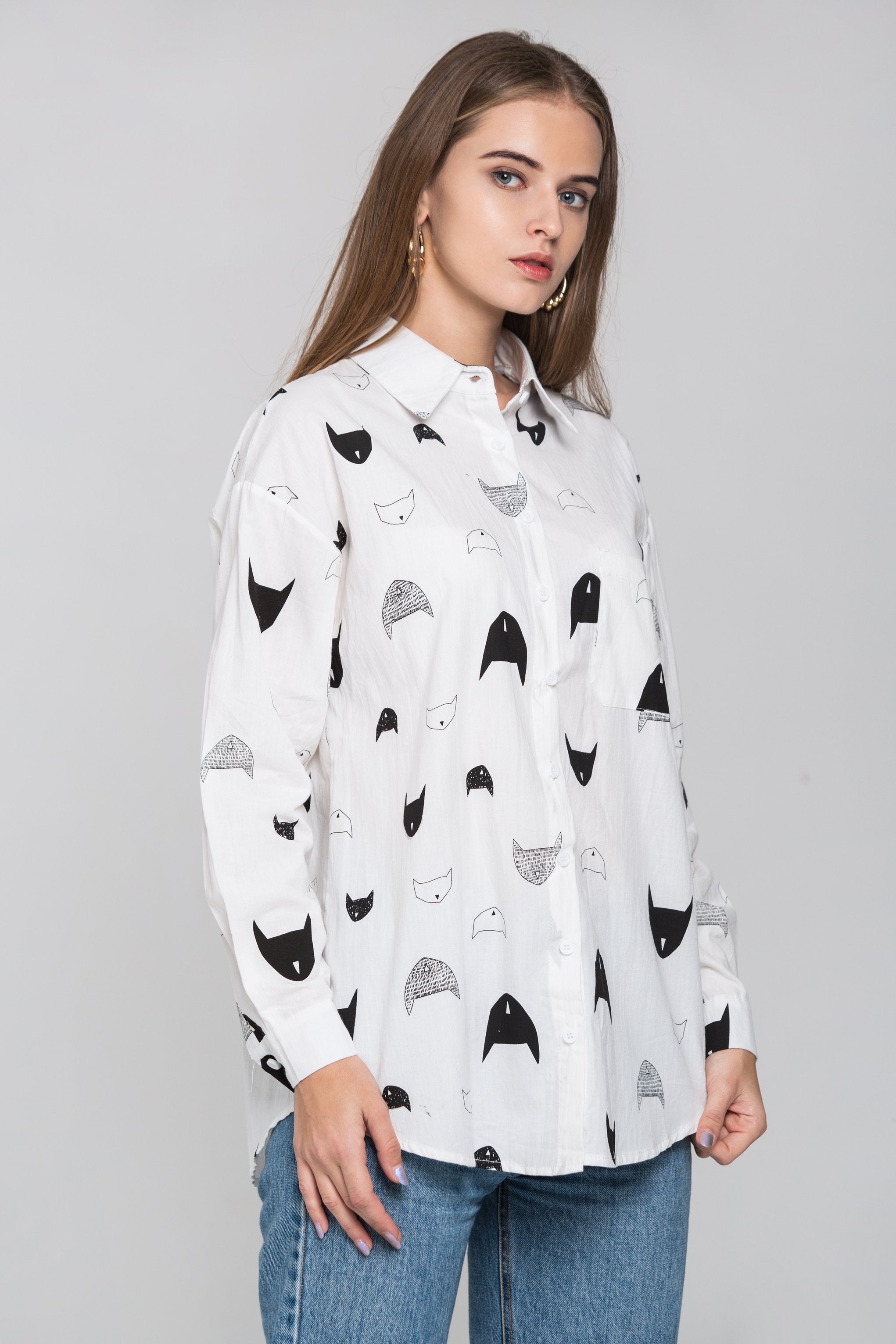 White Cat Print Sleeved Button Up Top