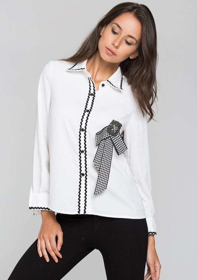 White Check Jewel Bow Long Sleeves Shirt