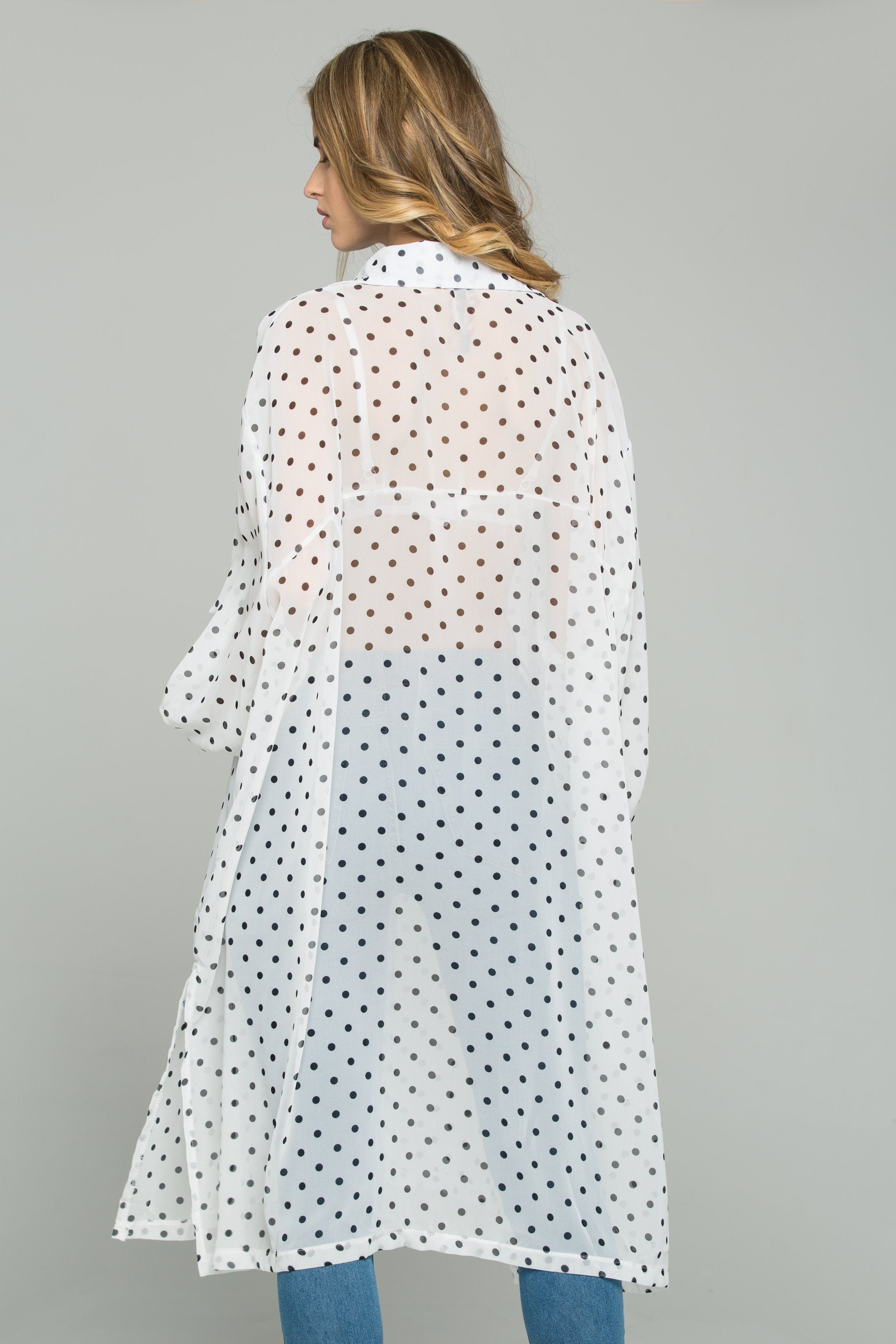 White Chiffon Polka Dot Print Hijab Long Sleeved Shirt