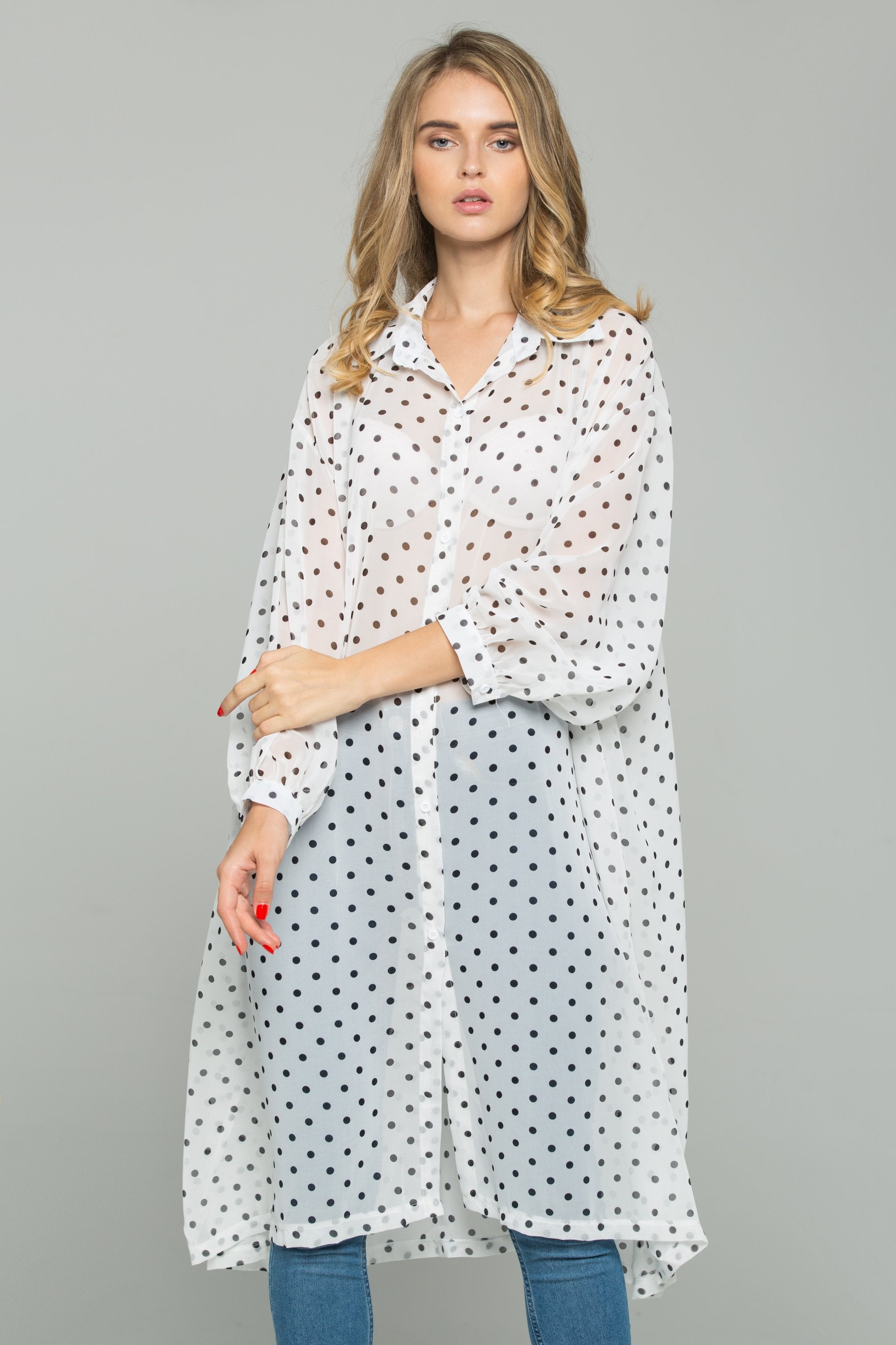 White Chiffon Polka Dot Print Hijab Long Sleeved Shirt