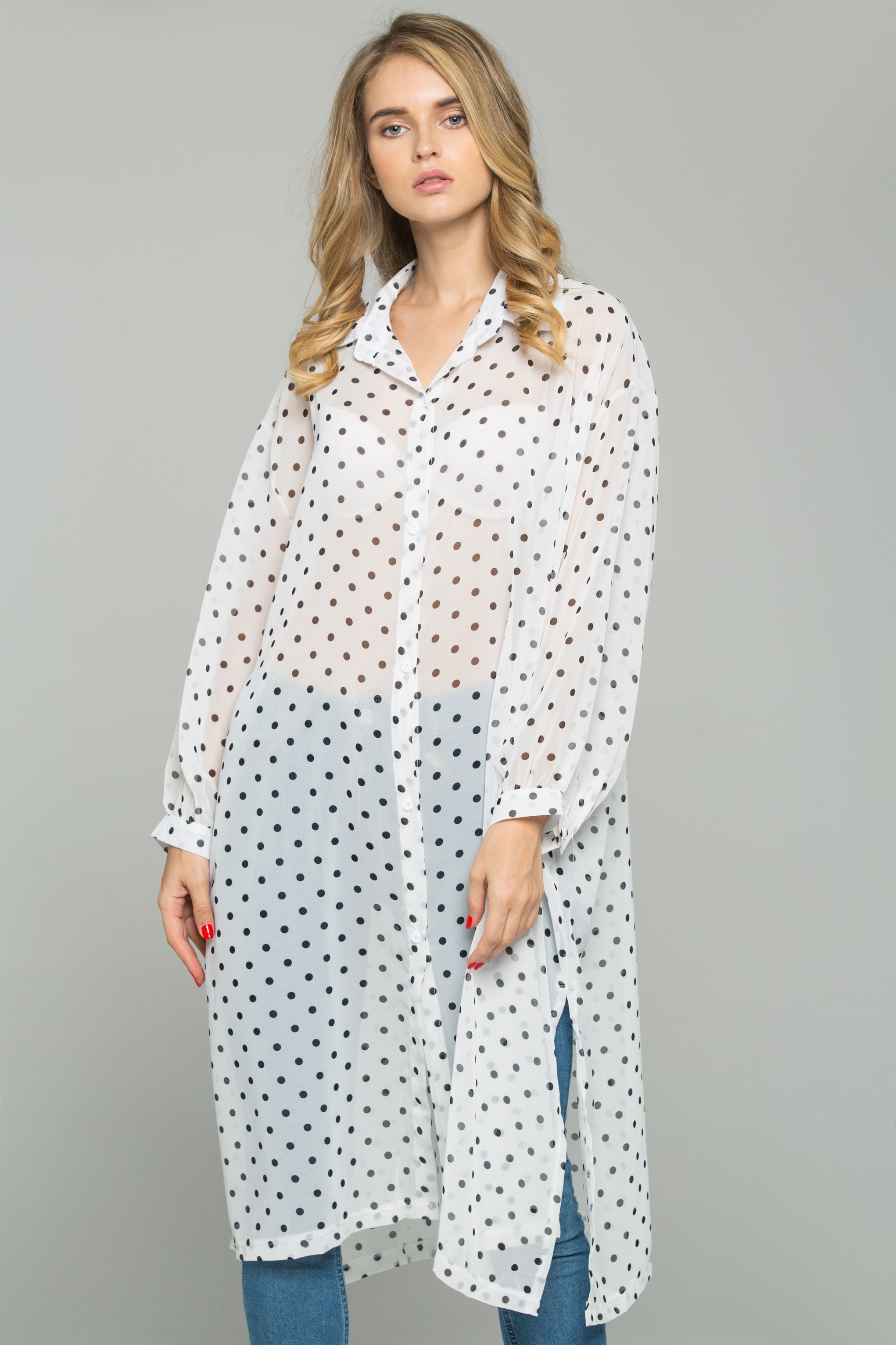 White Chiffon Polka Dot Print Hijab Long Sleeved Shirt