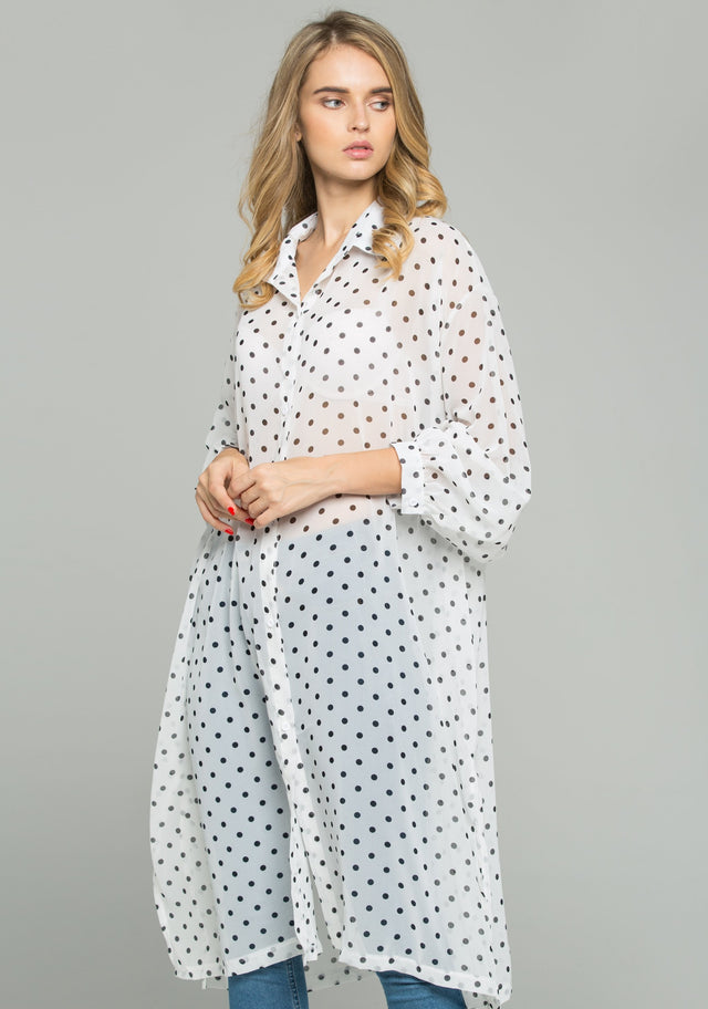 White Chiffon Polka Dot Print Hijab Long Sleeved Shirt