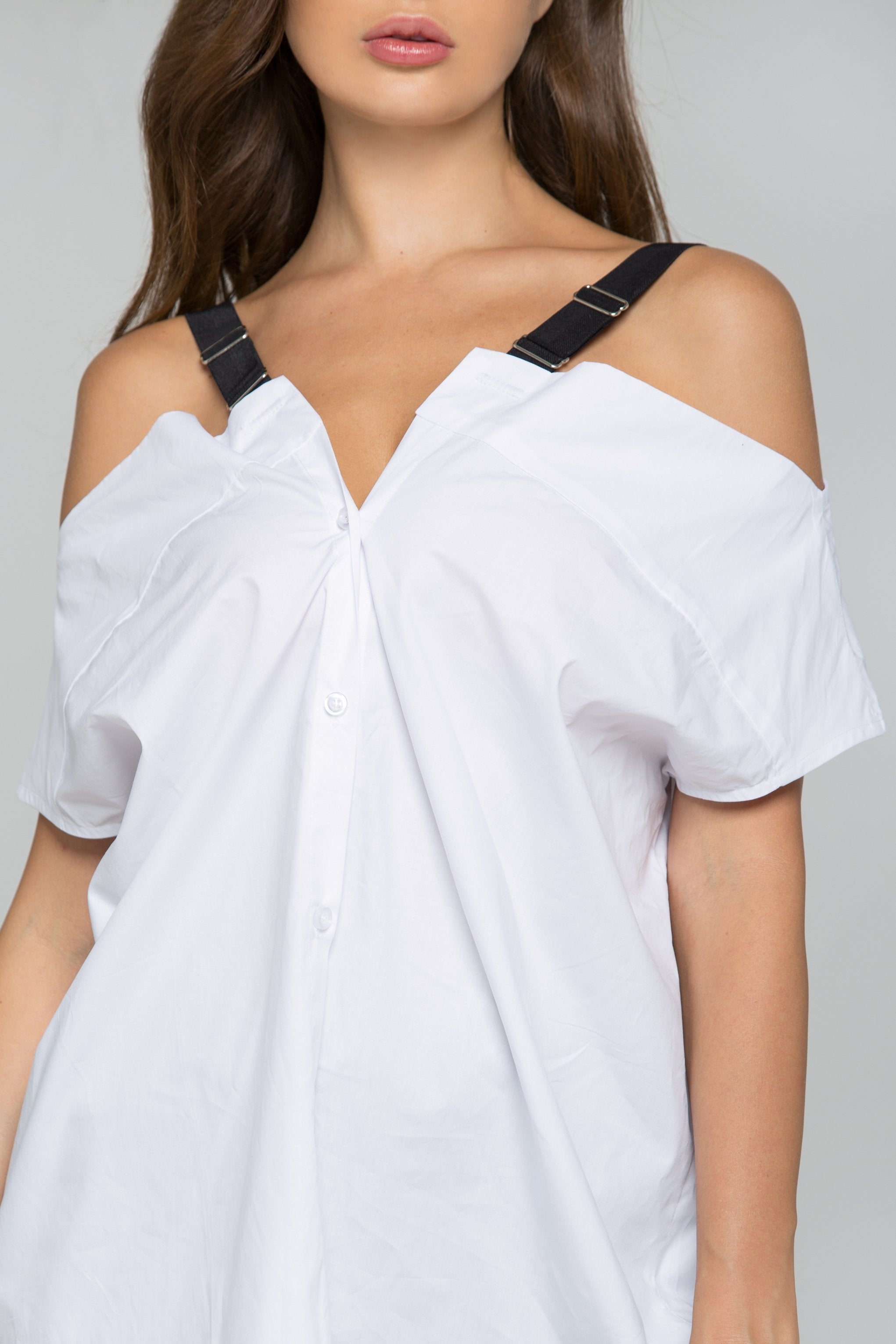 White Cold-Shoulder Belt Strap Button-down Shirt
