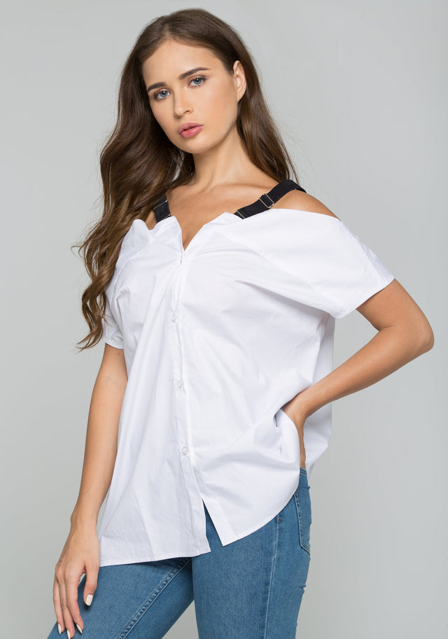 White Cold-Shoulder Belt Strap Button-down Shirt