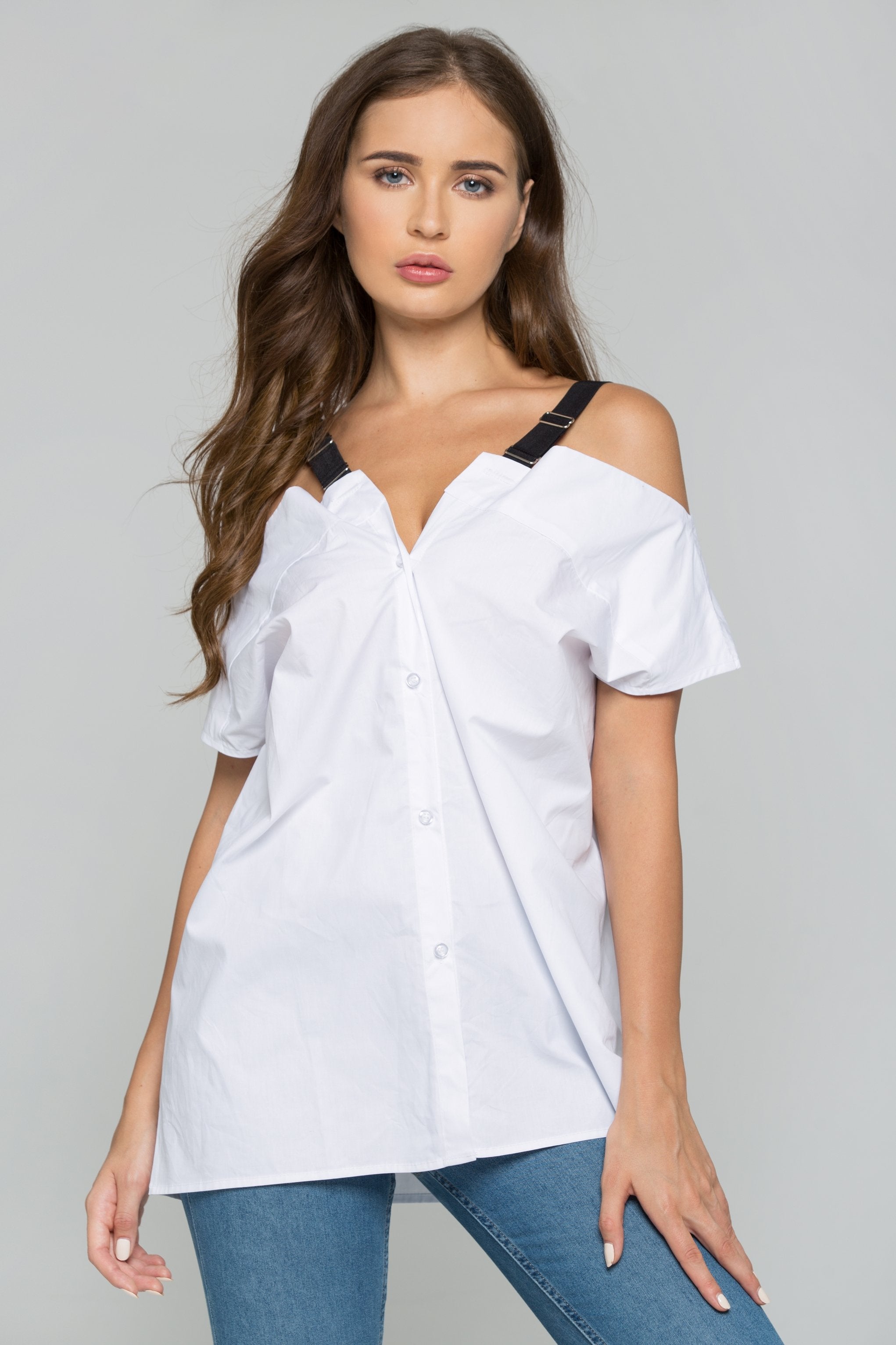 White Cold-Shoulder Belt Strap Button-down Shirt