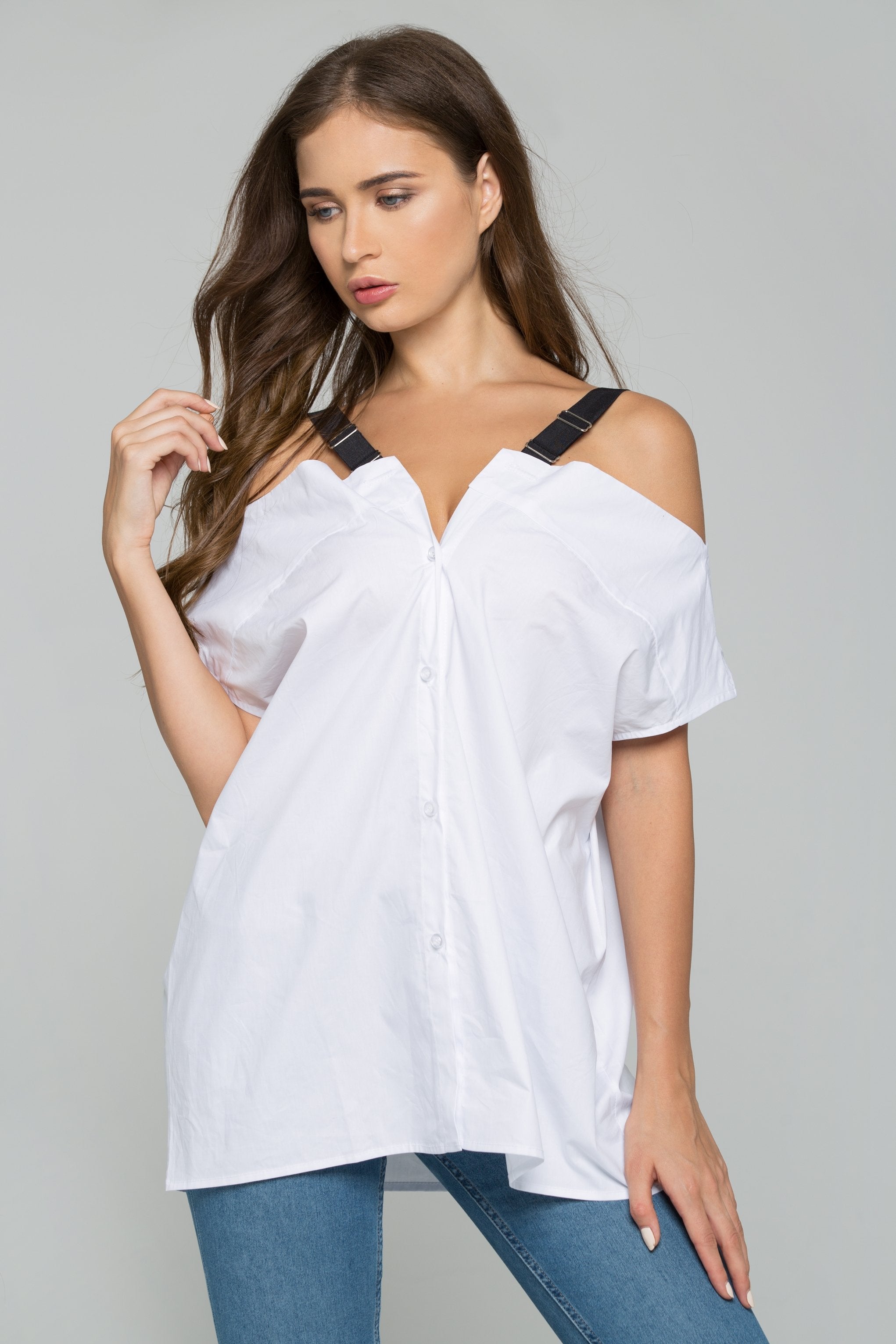 White Cold-Shoulder Belt Strap Button-down Shirt