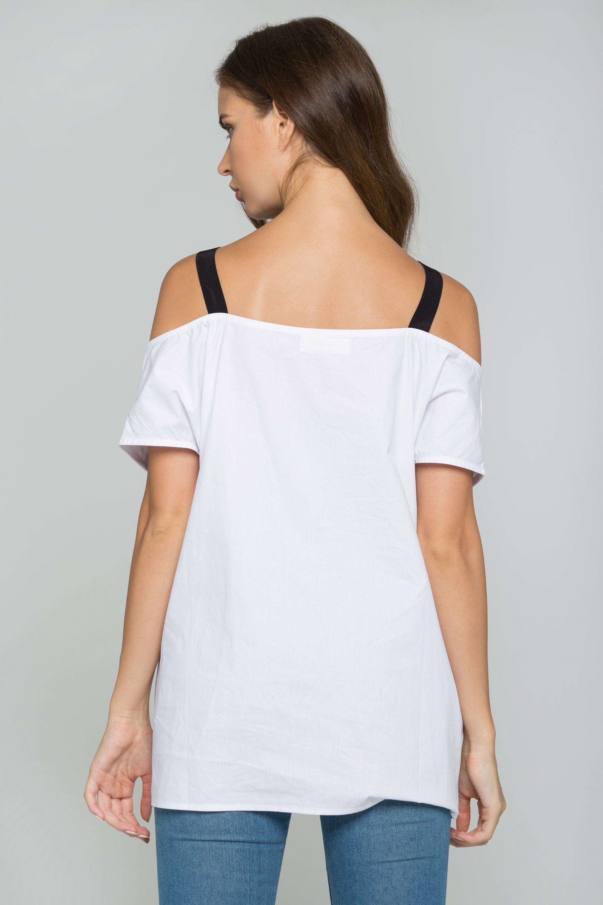 White Cold-Shoulder Belt Strap Button-down Shirt