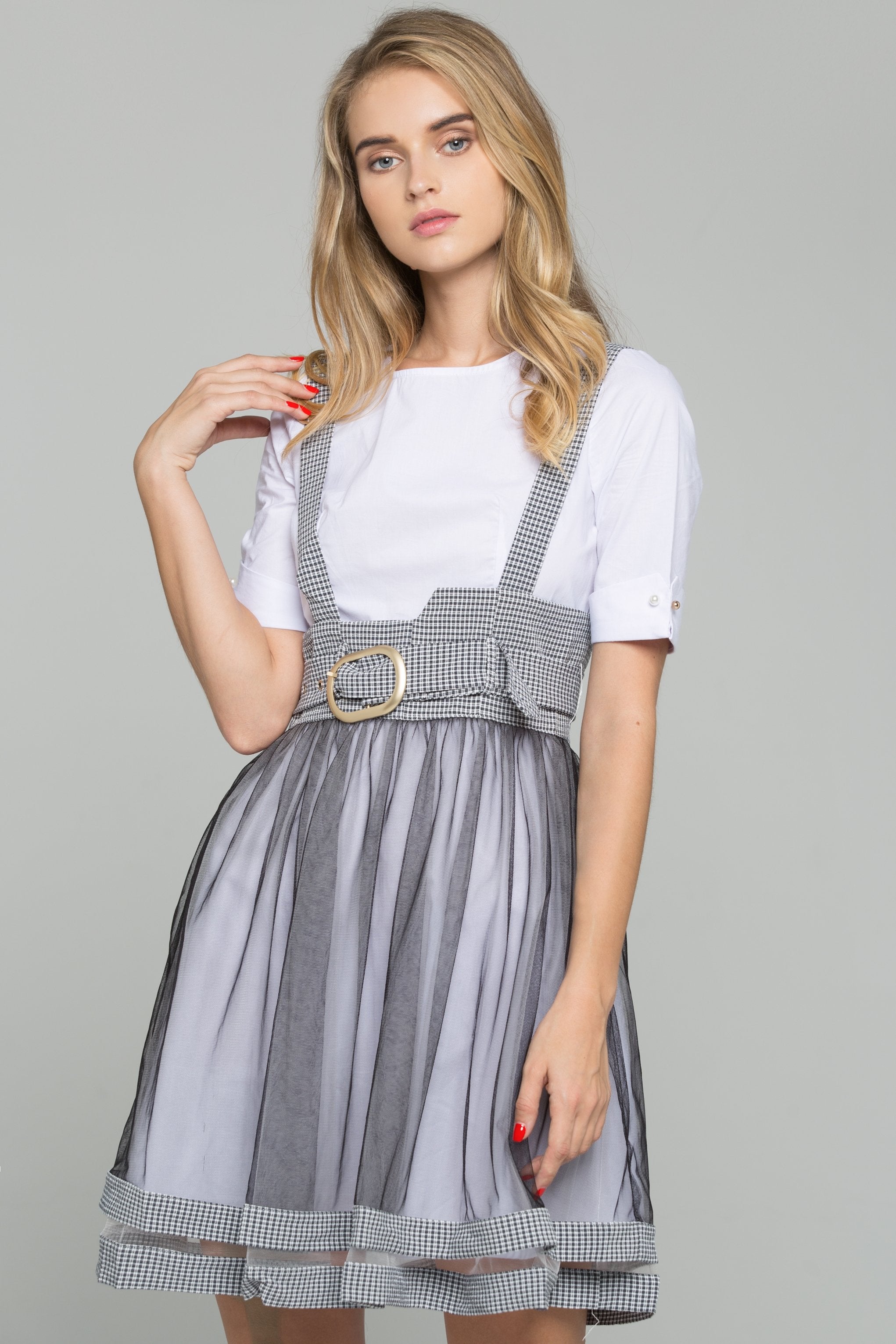 White Cotton Gauntlet Sleeve Shirt and Black Chiffon Gingham Pinafore Belted Skirt Set
