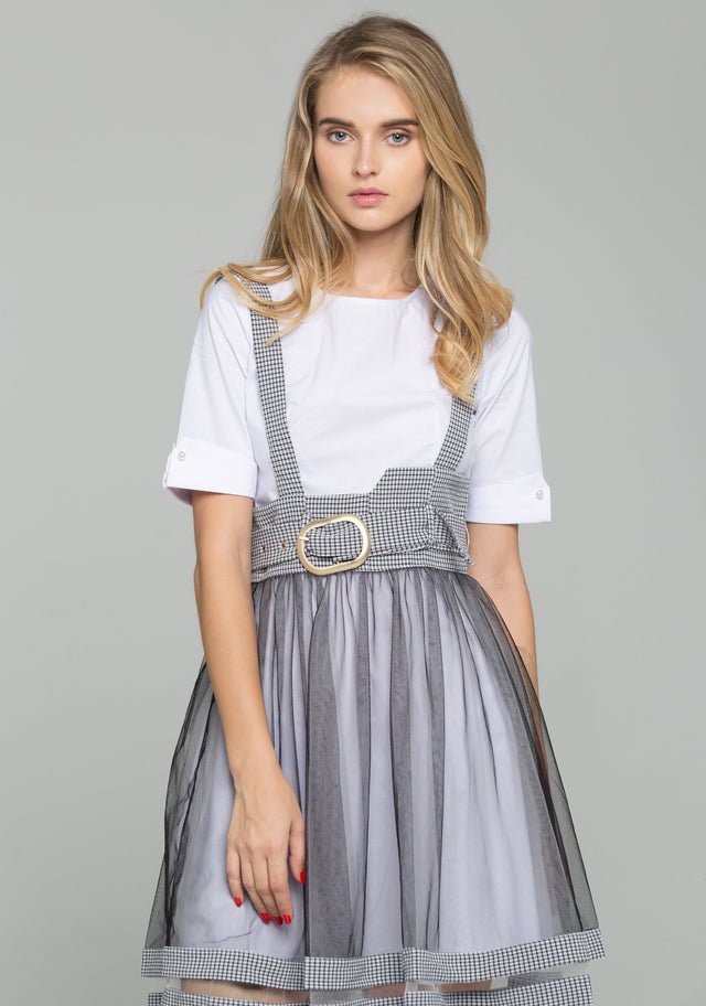 White Cotton Gauntlet Sleeve Shirt and Black Chiffon Gingham Pinafore Belted Skirt Set