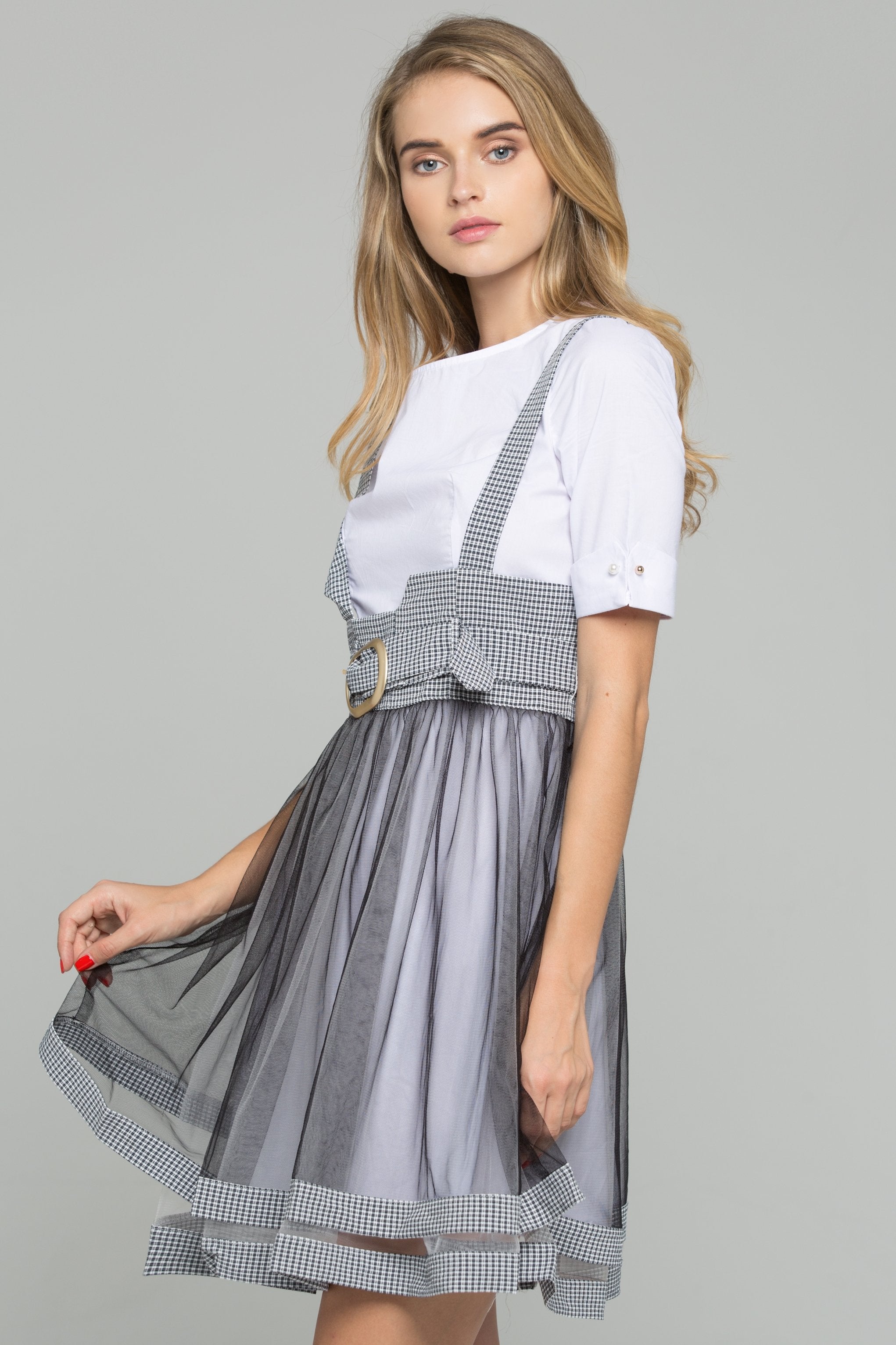 White Cotton Gauntlet Sleeve Shirt and Black Chiffon Gingham Pinafore Belted Skirt Set