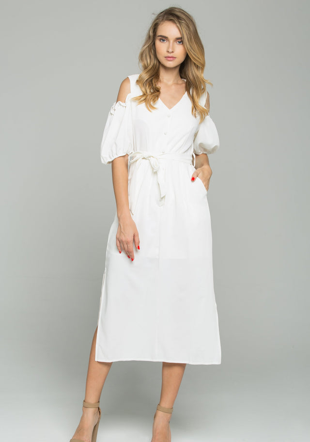 White Cotton V-Neck Cold Shoulder Cinched Midi Dress