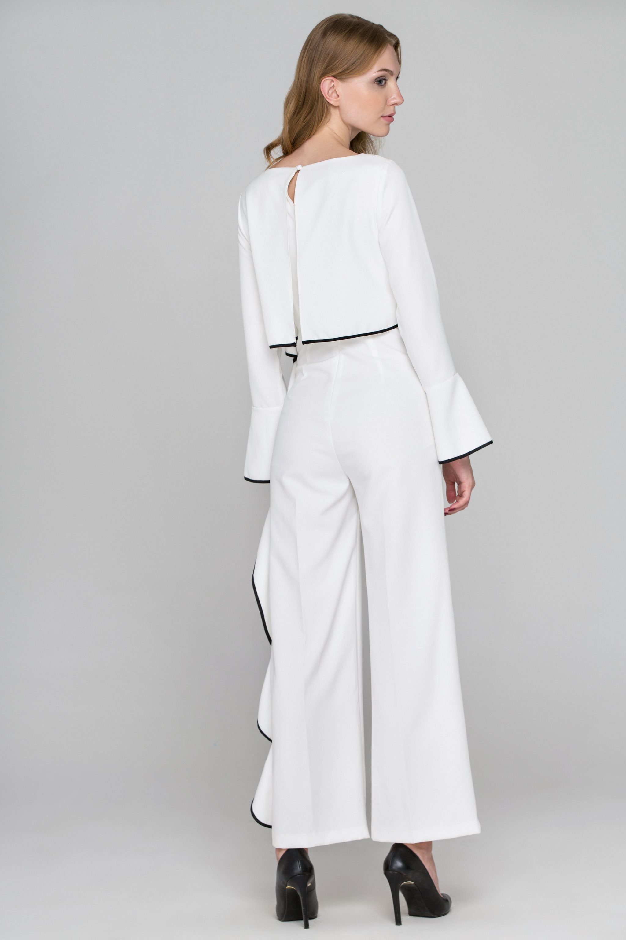 Rania Fawaz - White Flare Sleeve Cascade Ruffle Jumpsuit