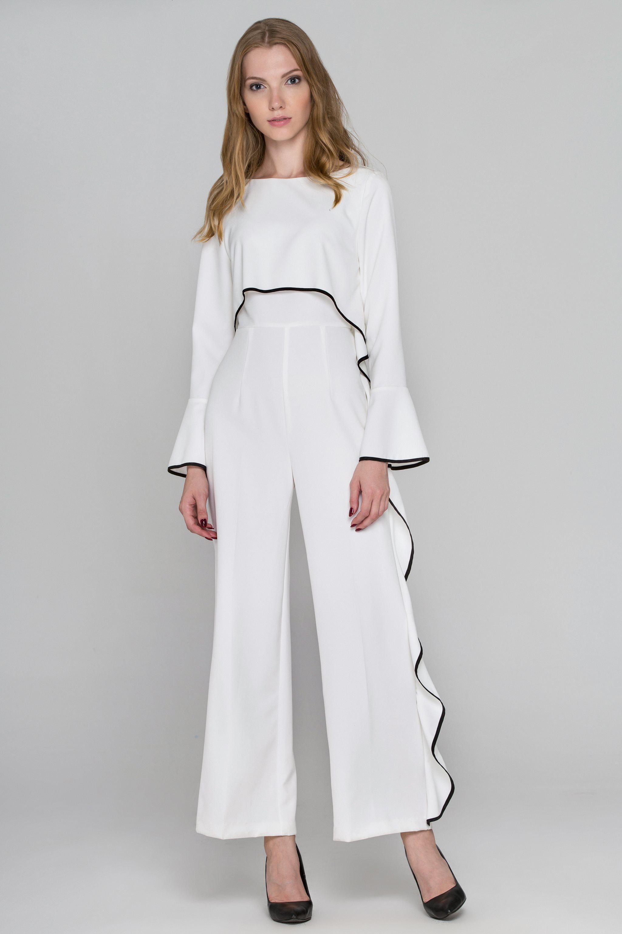Rania Fawaz - White Flare Sleeve Cascade Ruffle Jumpsuit