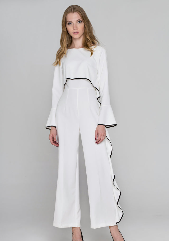 Rania Fawaz - White Flare Sleeve Cascade Ruffle Jumpsuit