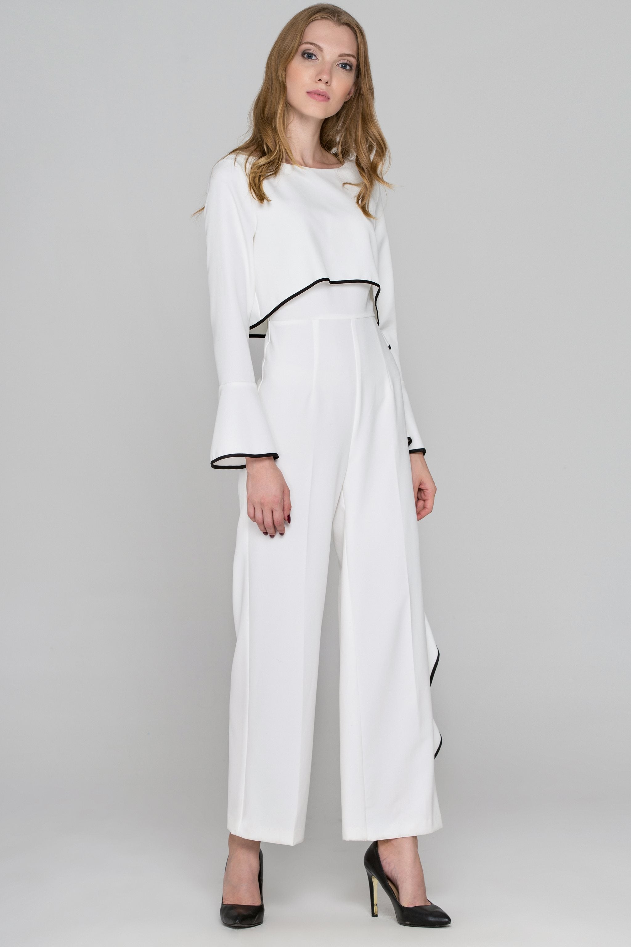 Rania Fawaz - White Flare Sleeve Cascade Ruffle Jumpsuit