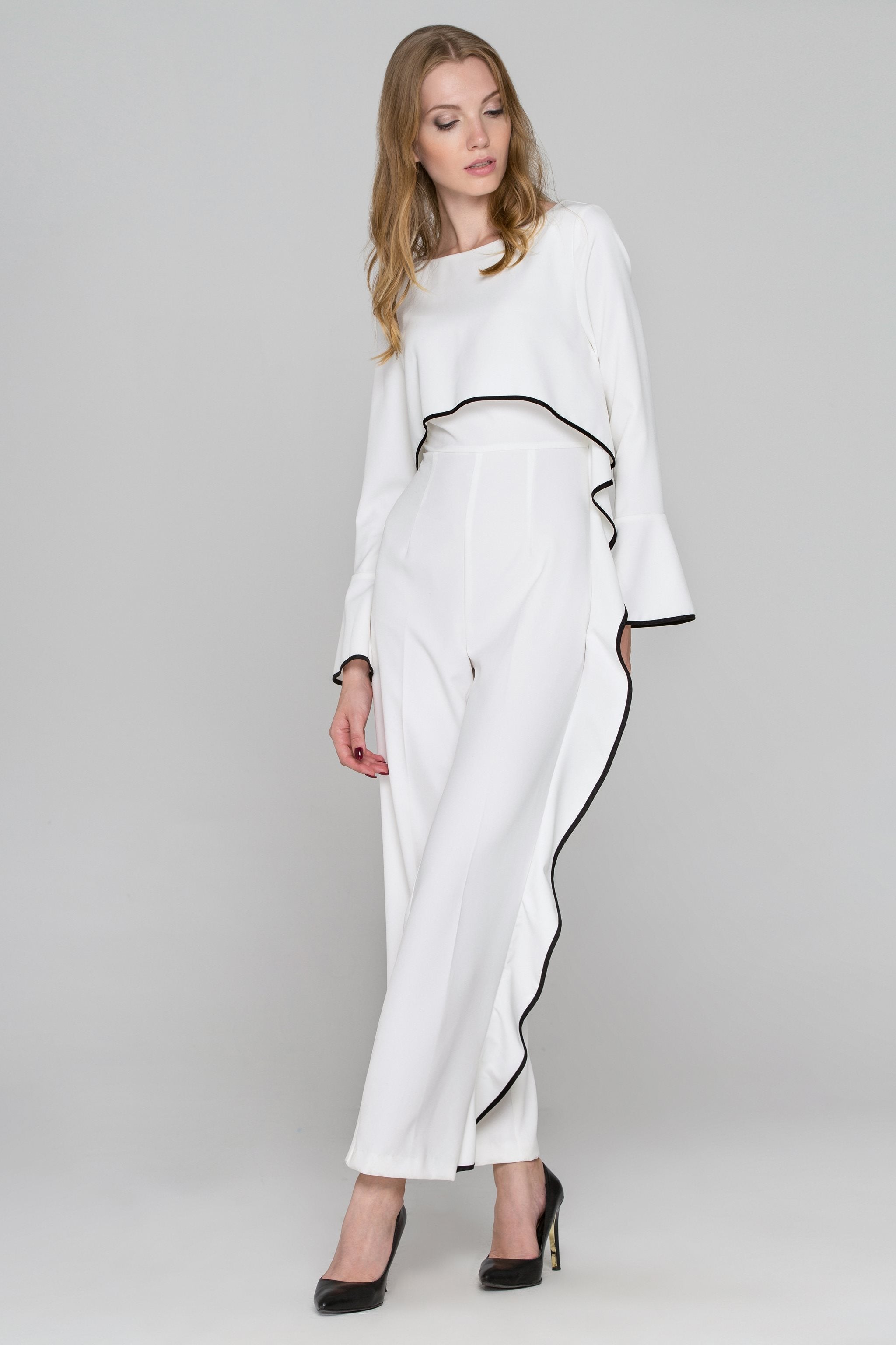 Rania Fawaz - White Flare Sleeve Cascade Ruffle Jumpsuit