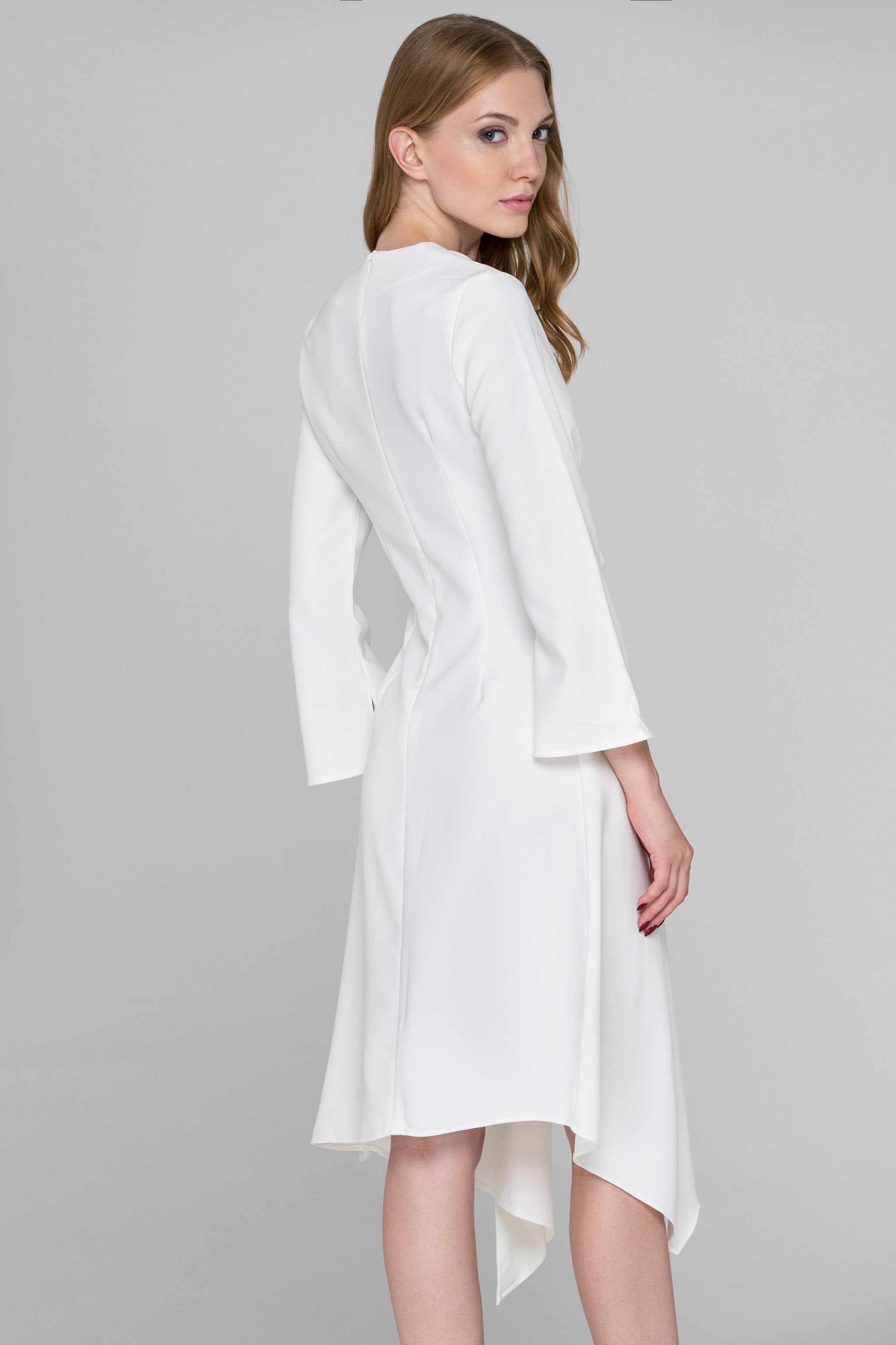 Dana AlTuwairsh - White Flare Sleeves Wrap Sash Midi Dress