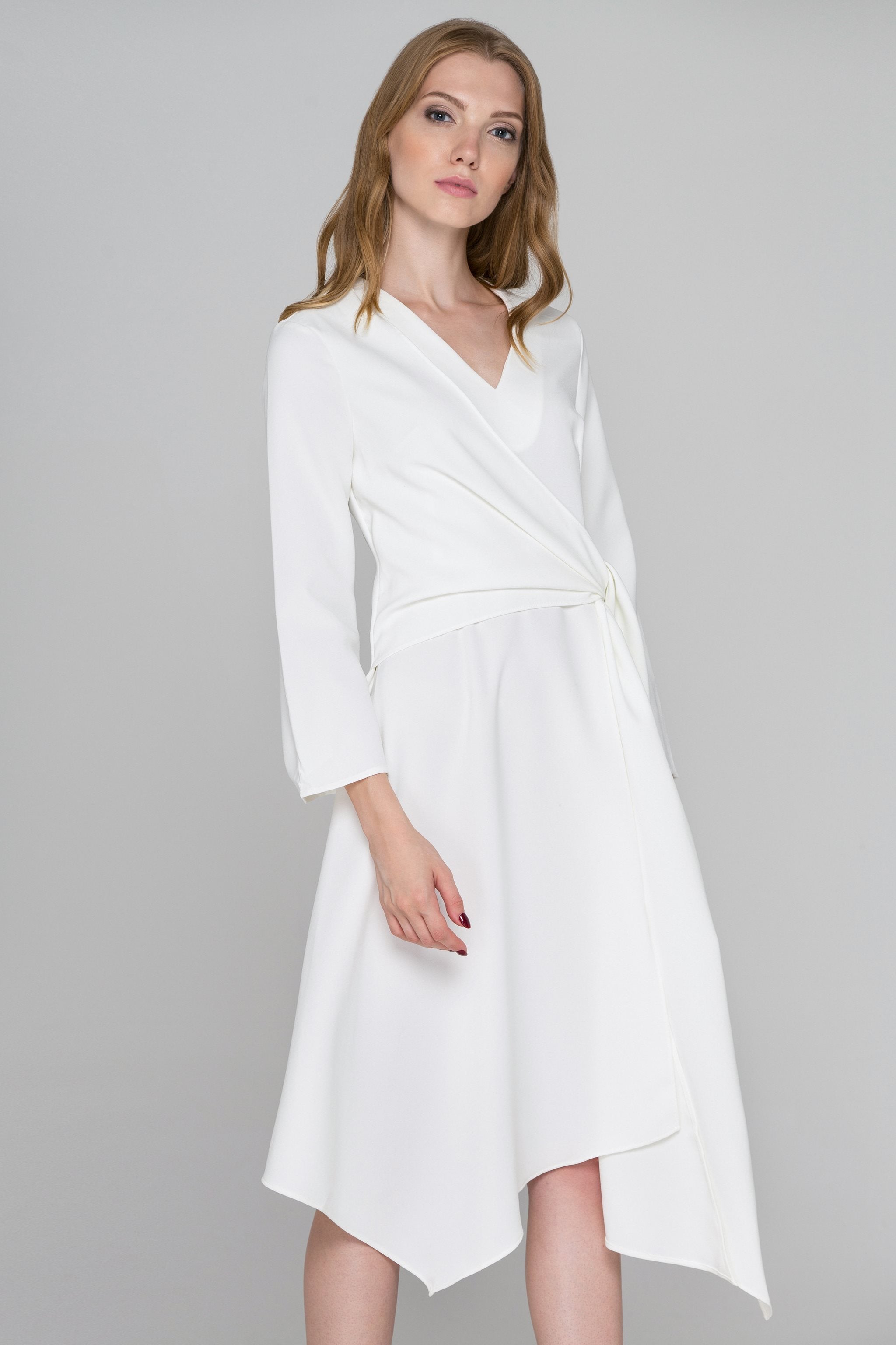 Dana AlTuwairsh - White Flare Sleeves Wrap Sash Midi Dress