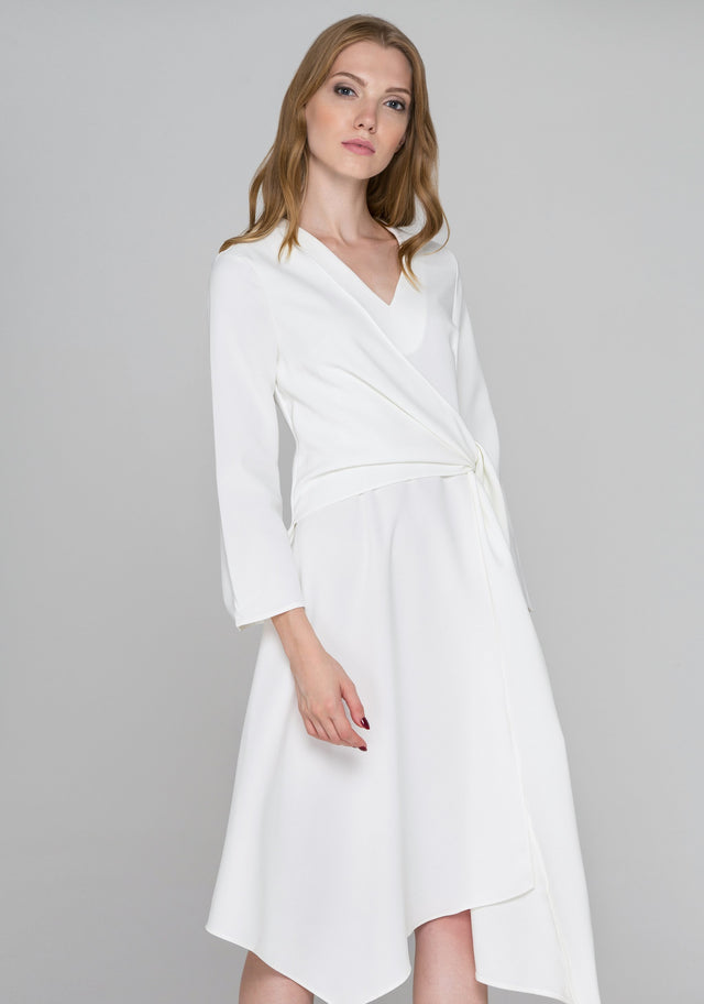 Dana AlTuwairsh - White Flare Sleeves Wrap Sash Midi Dress