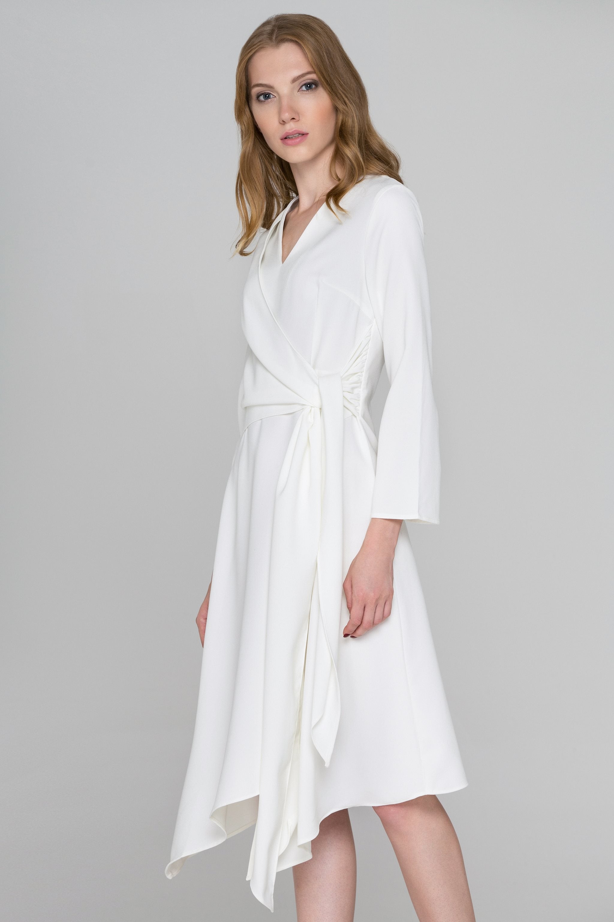 Dana AlTuwairsh - White Flare Sleeves Wrap Sash Midi Dress