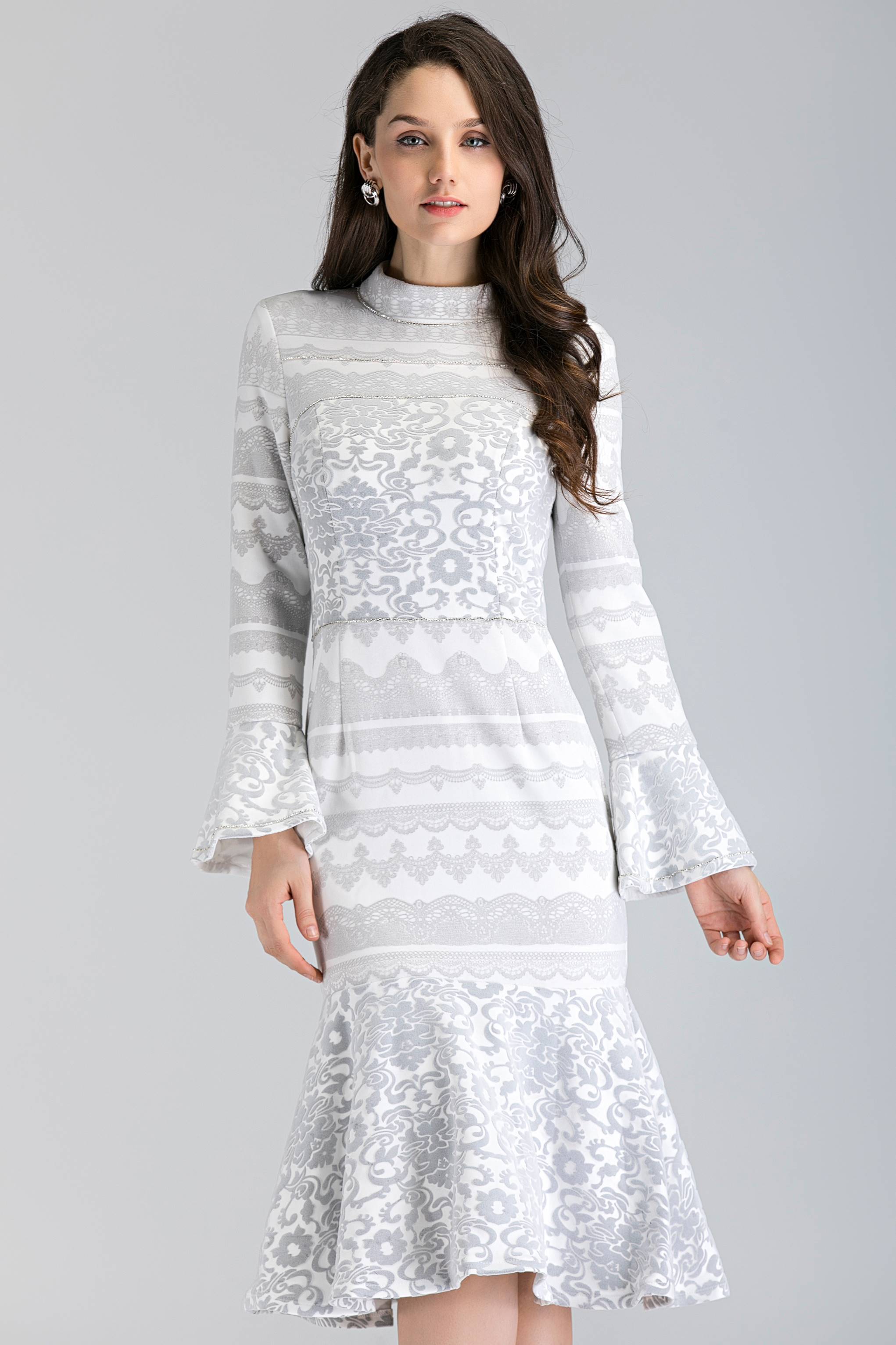 White Fleurdelis Trumpet Midi Dress
