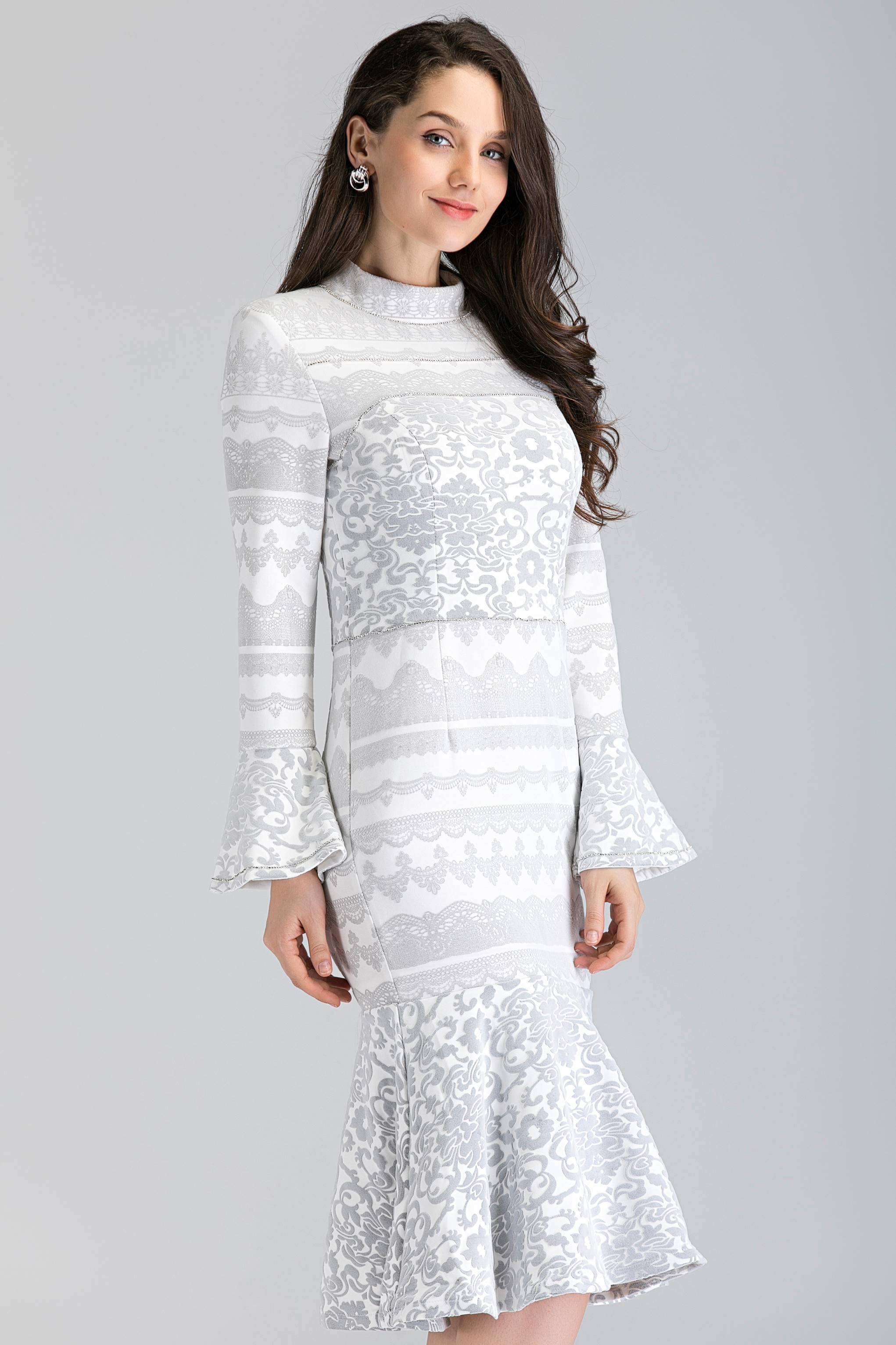 White Fleurdelis Trumpet Midi Dress