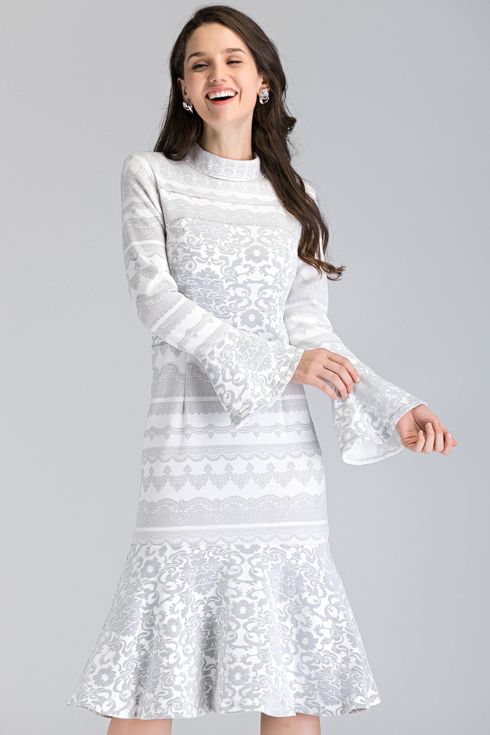 White Fleurdelis Trumpet Midi Dress