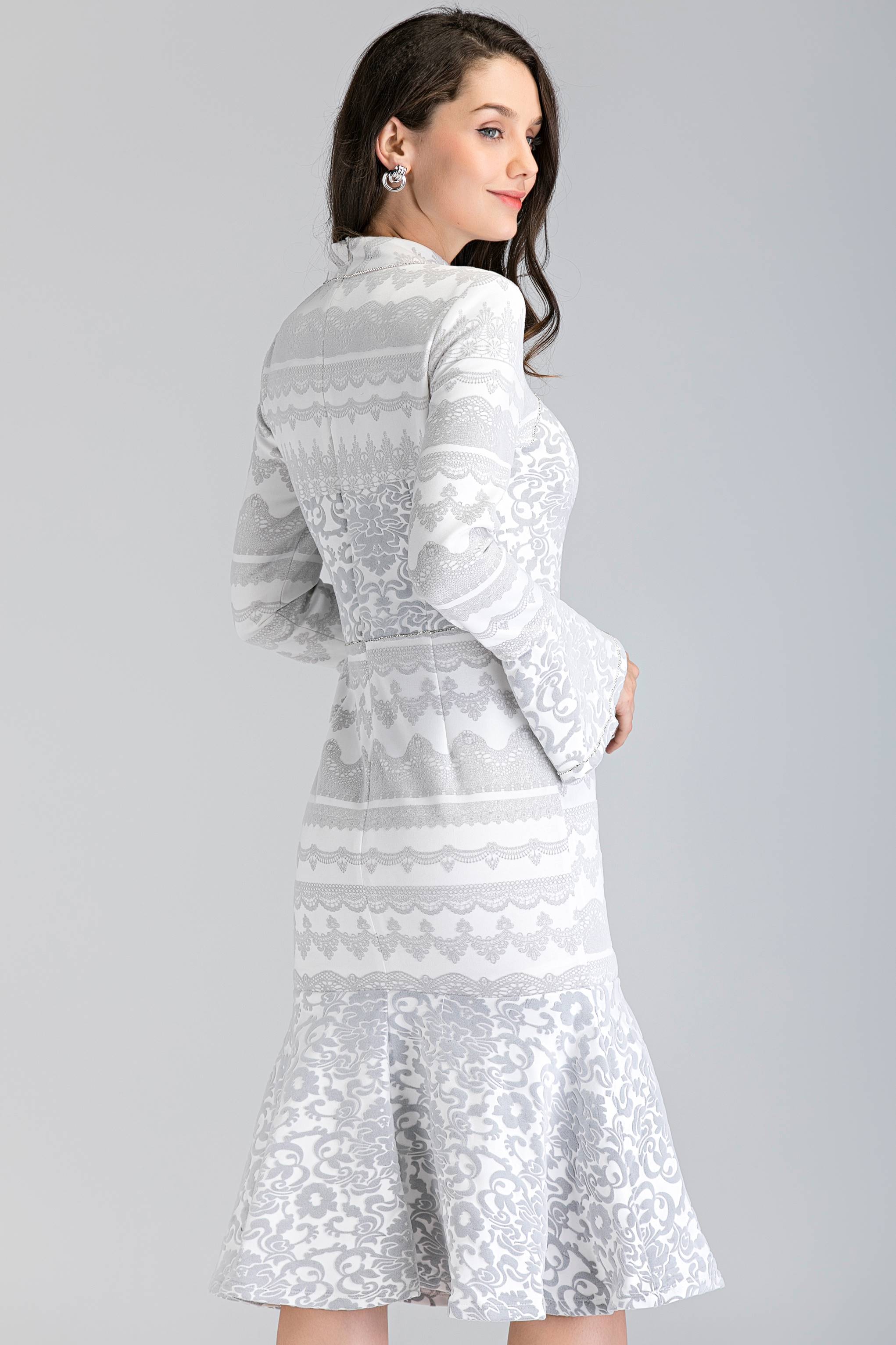White Fleurdelis Trumpet Midi Dress