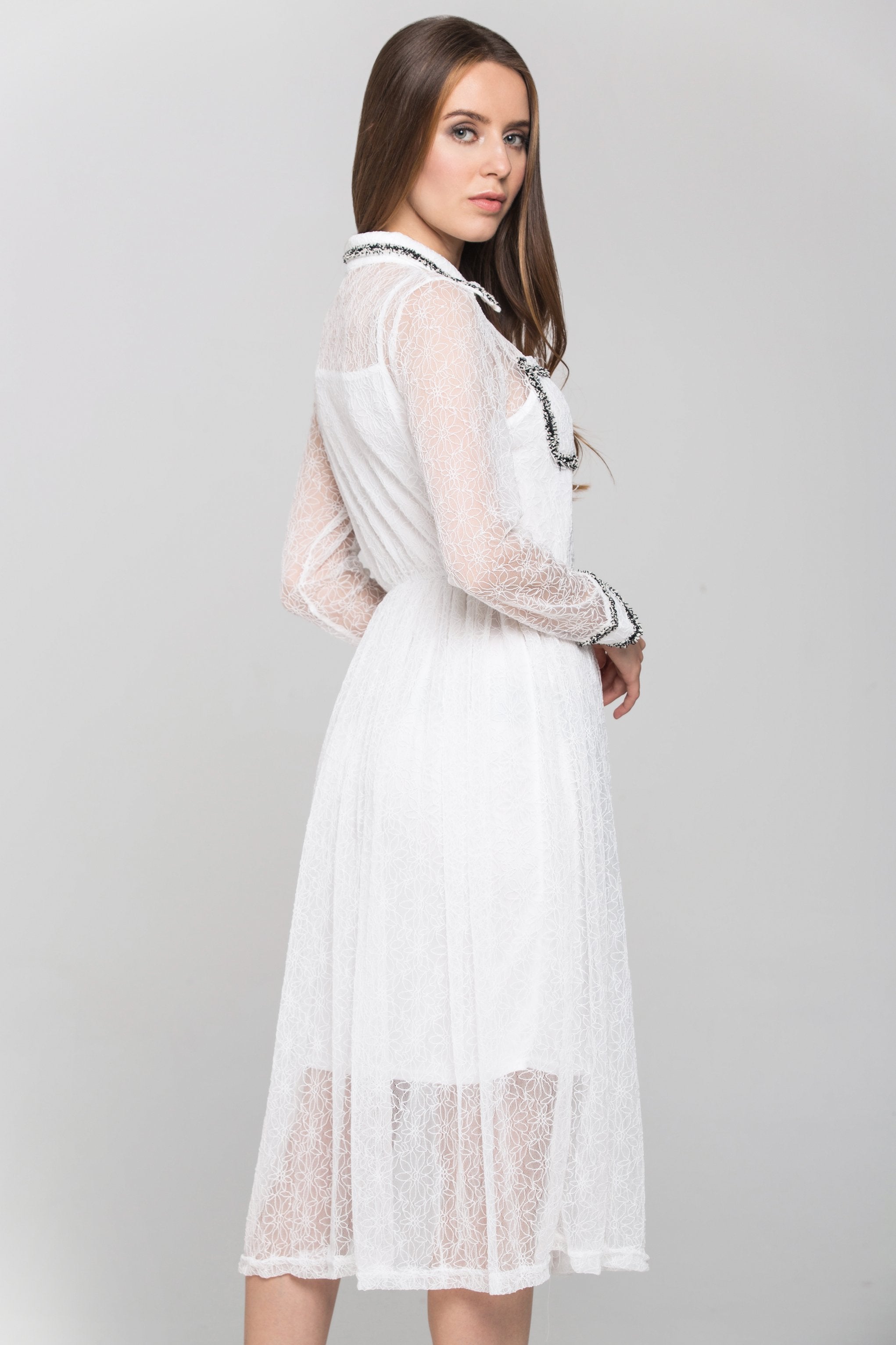 White Floral Sheer Sleeved Midi Dress