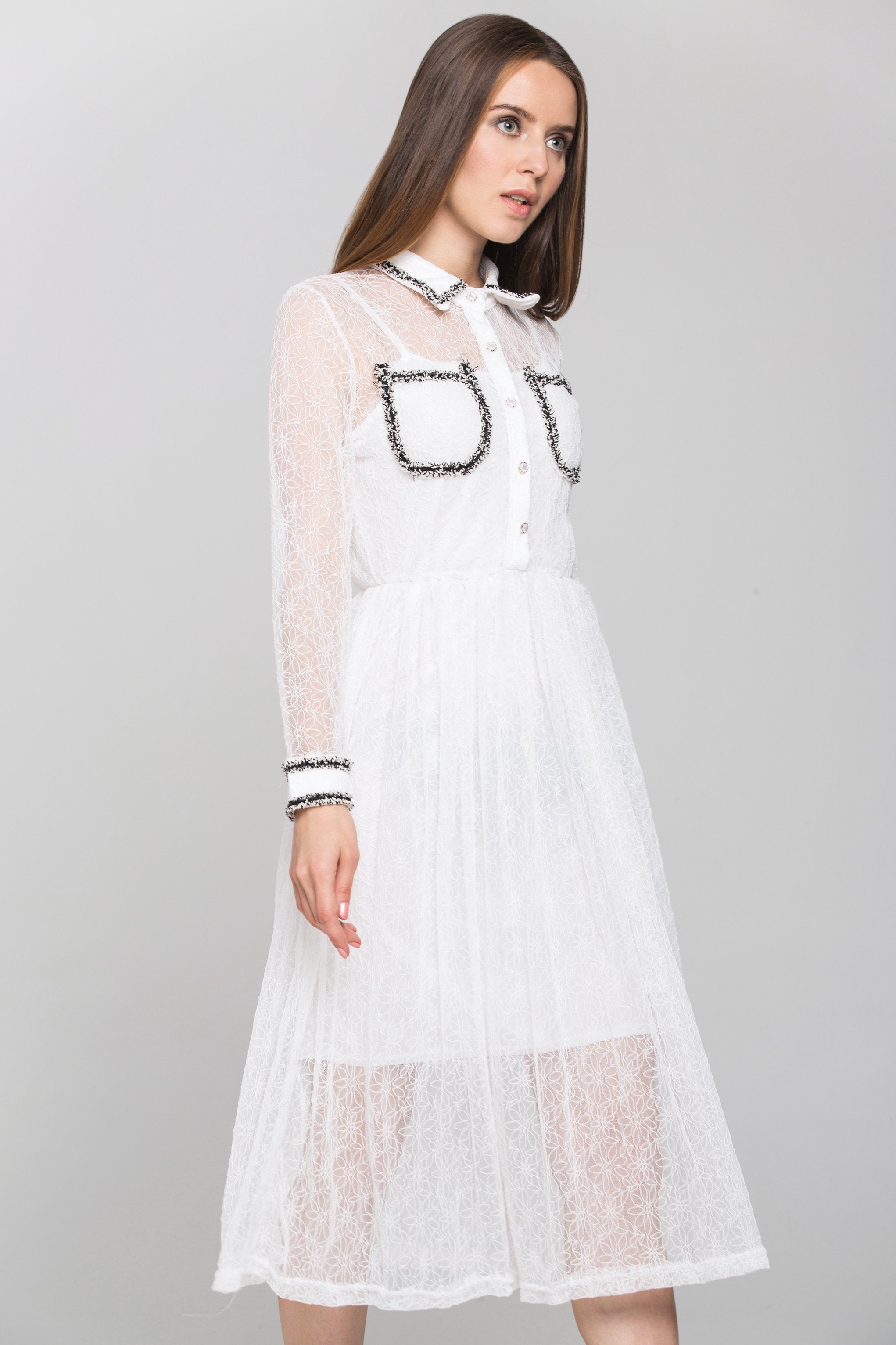 White Floral Sheer Sleeved Midi Dress
