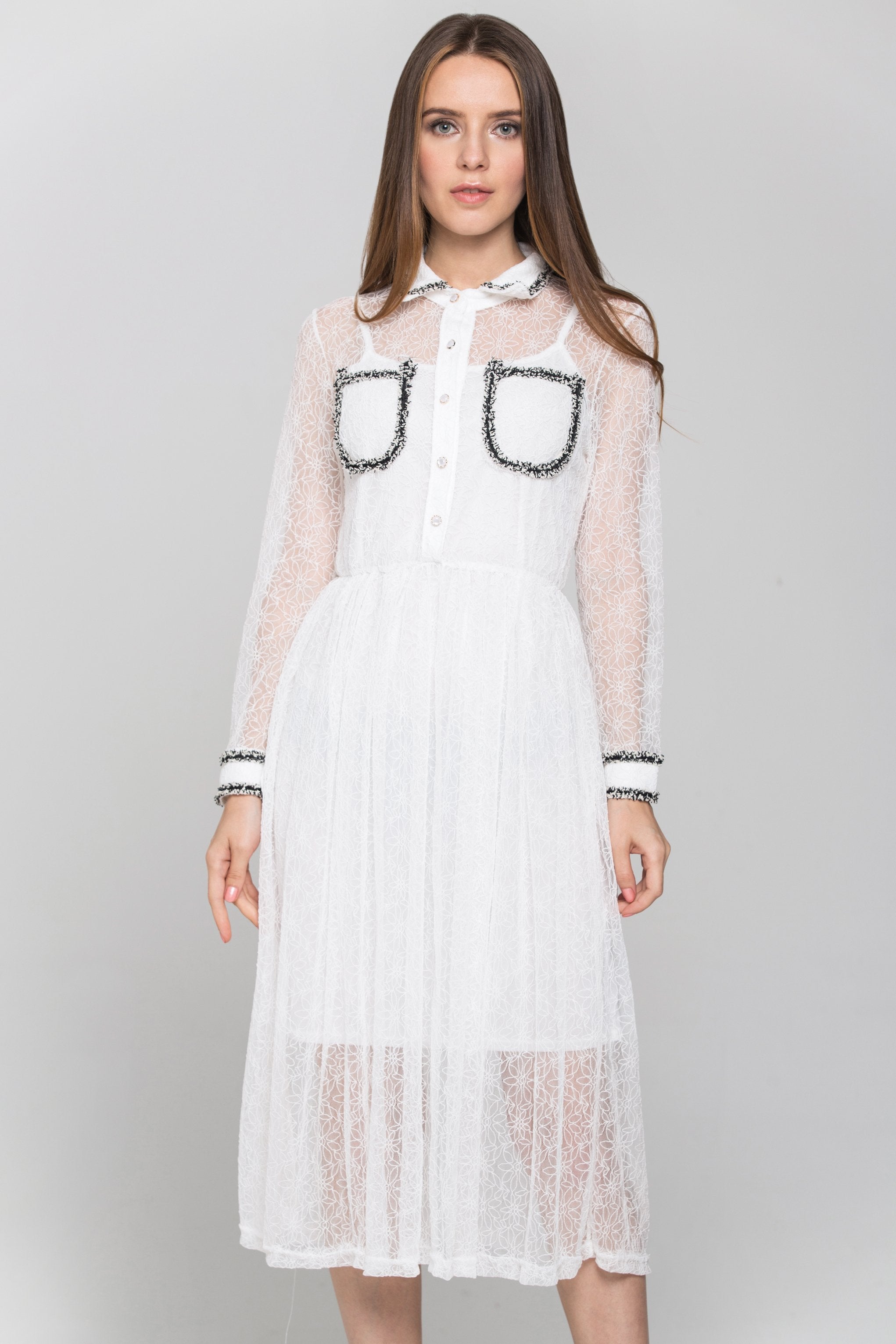 White Floral Sheer Sleeved Midi Dress