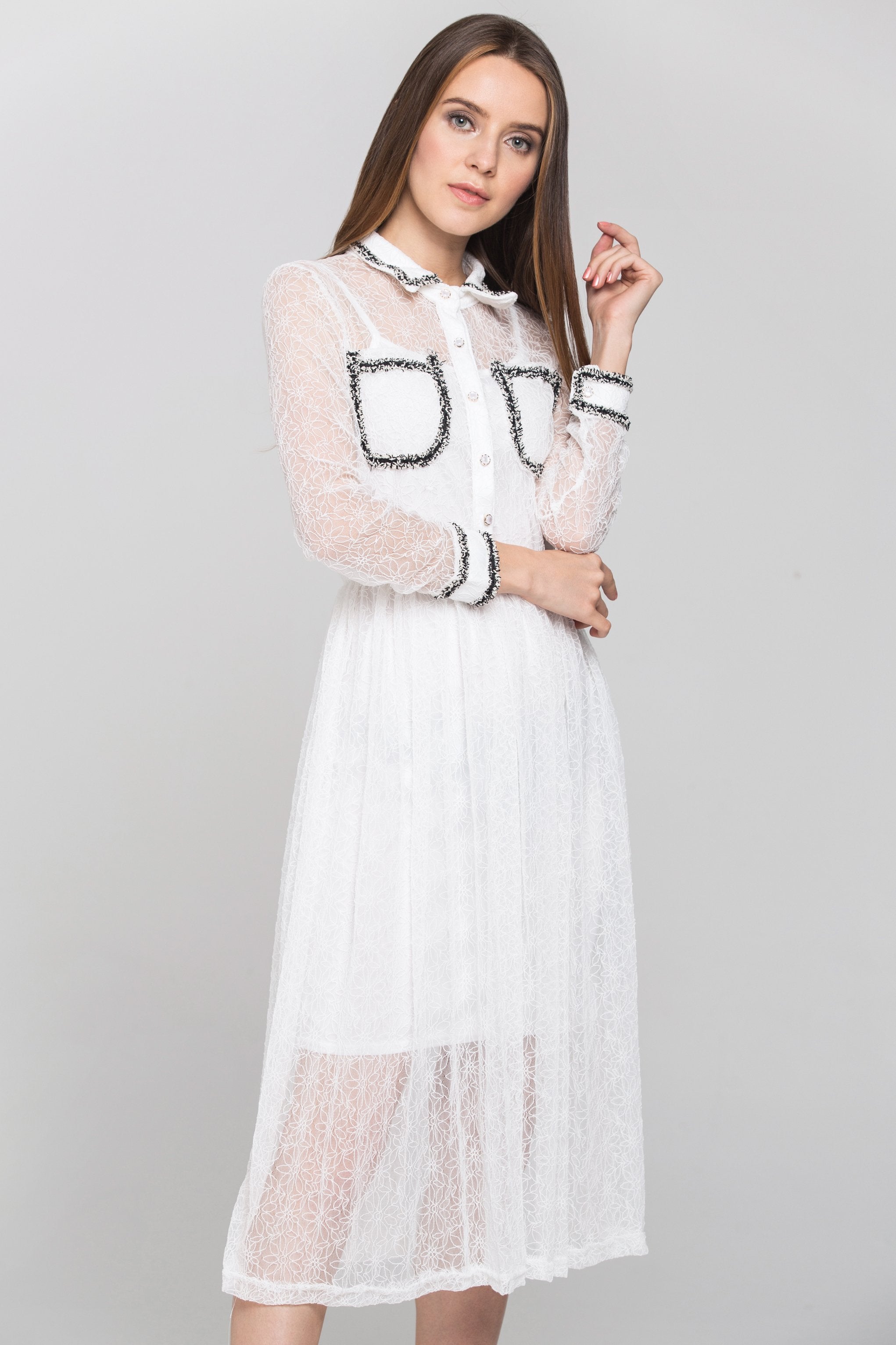 White Floral Sheer Sleeved Midi Dress