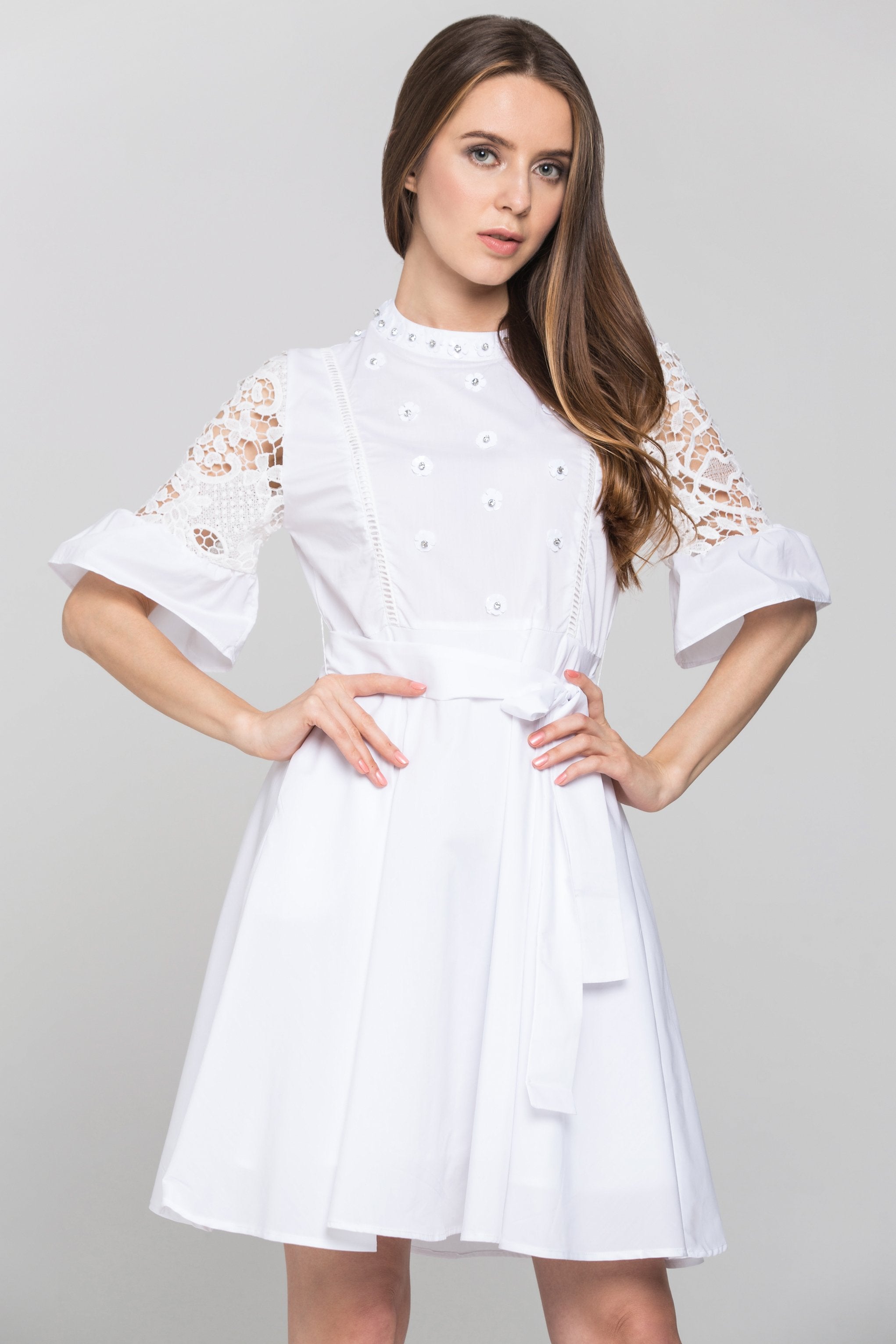 White Flower Jewel Midi Dress
