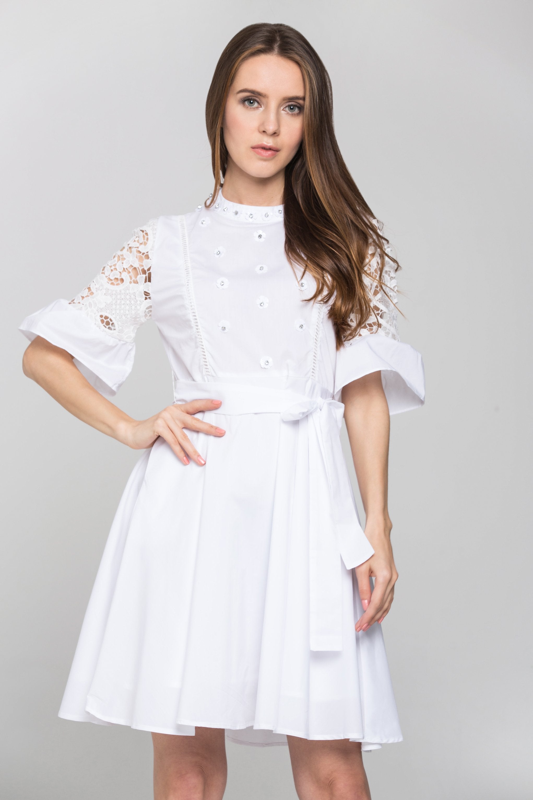 White Flower Jewel Midi Dress
