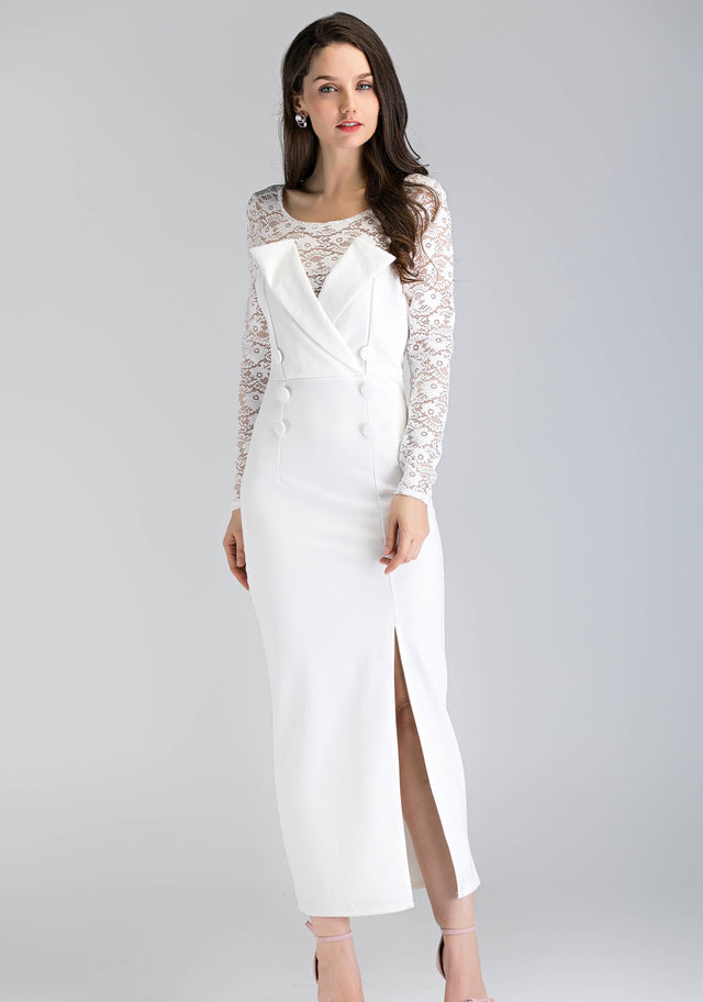 Black Lace Sleeve Double Button Midi Dress