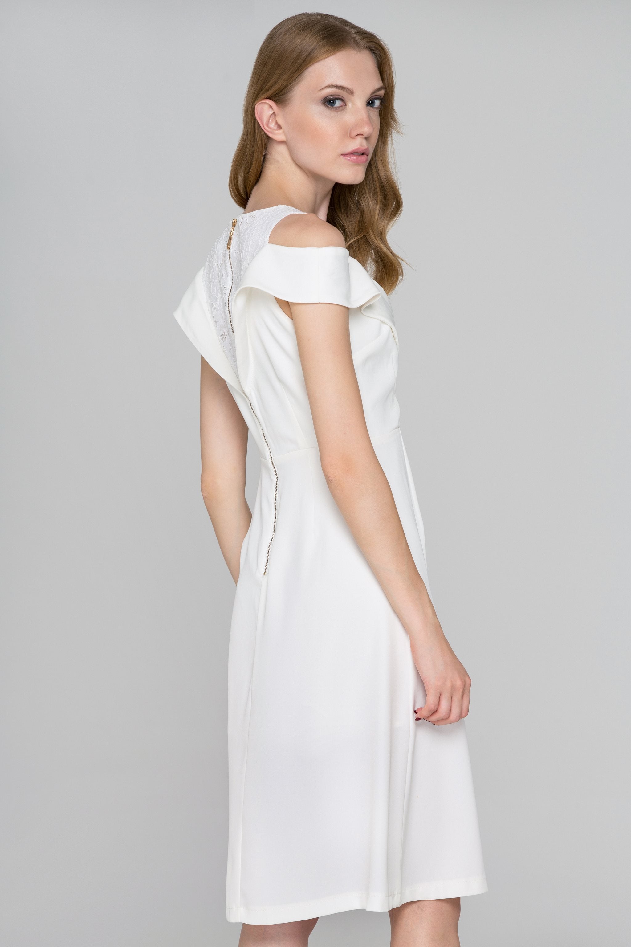 White Lapel Lace Cold Shoulder Midi Dress