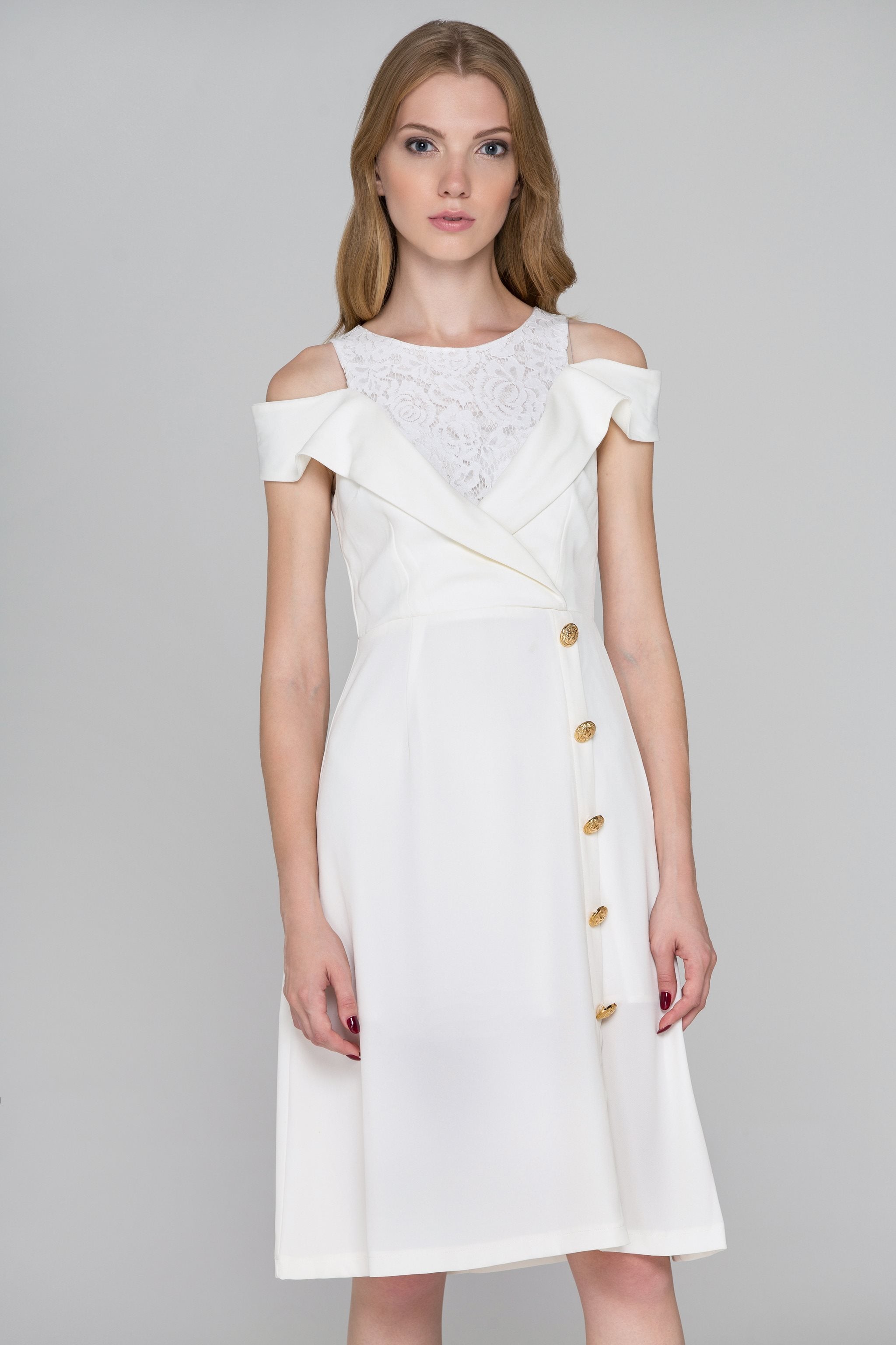 White Lapel Lace Cold Shoulder Midi Dress