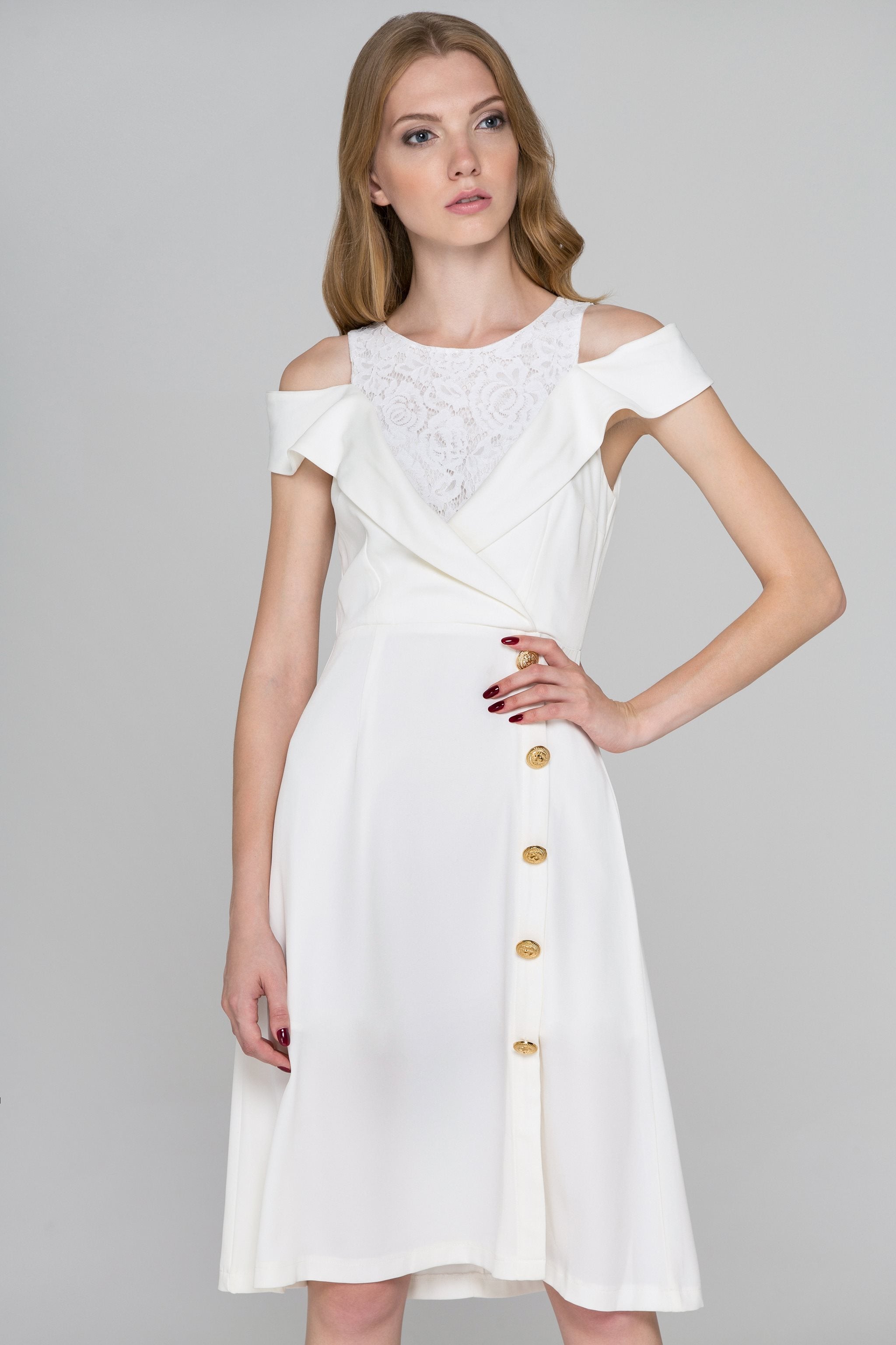White Lapel Lace Cold Shoulder Midi Dress