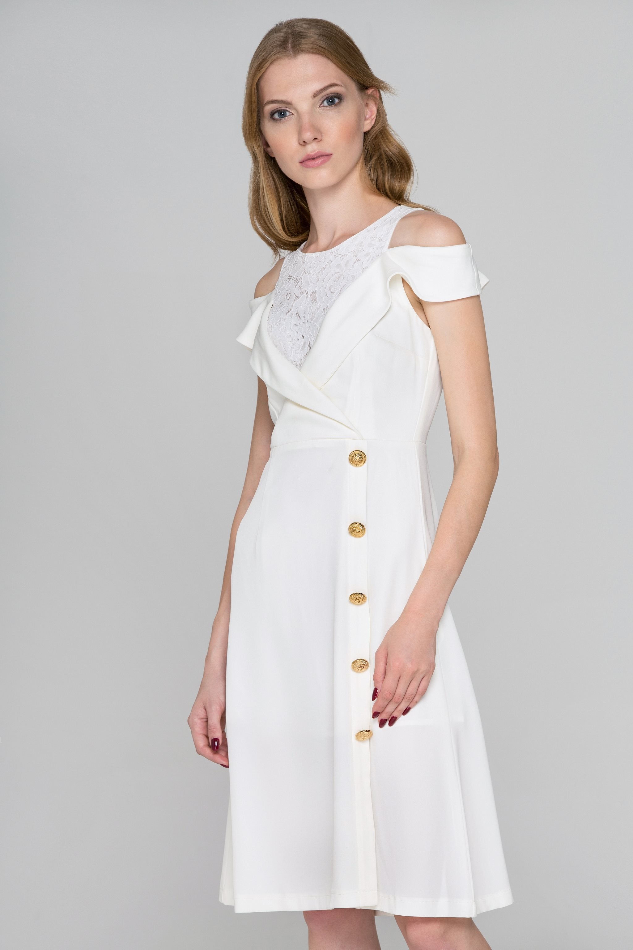 White Lapel Lace Cold Shoulder Midi Dress