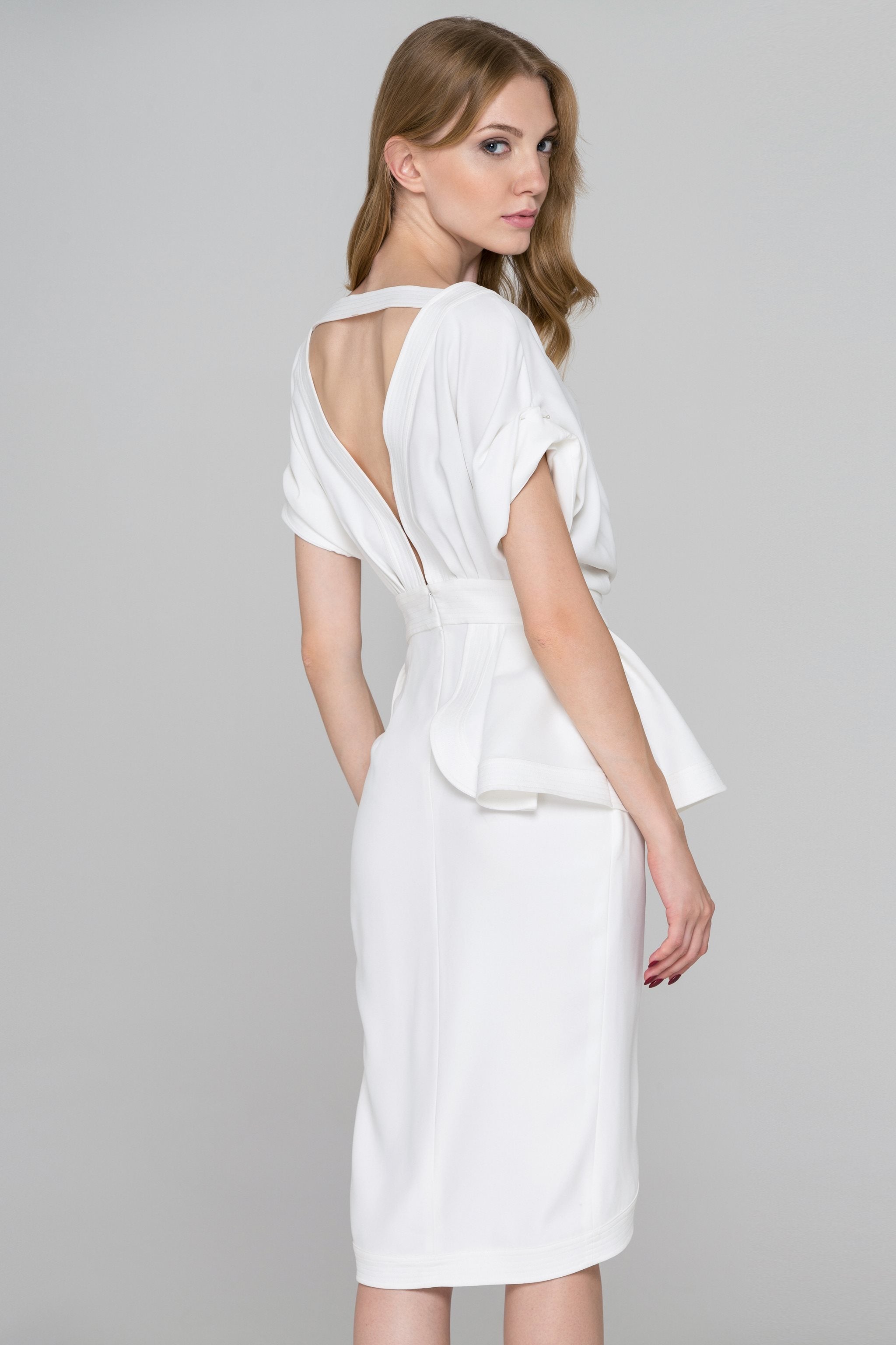 White Overlap Drape Midi Dress