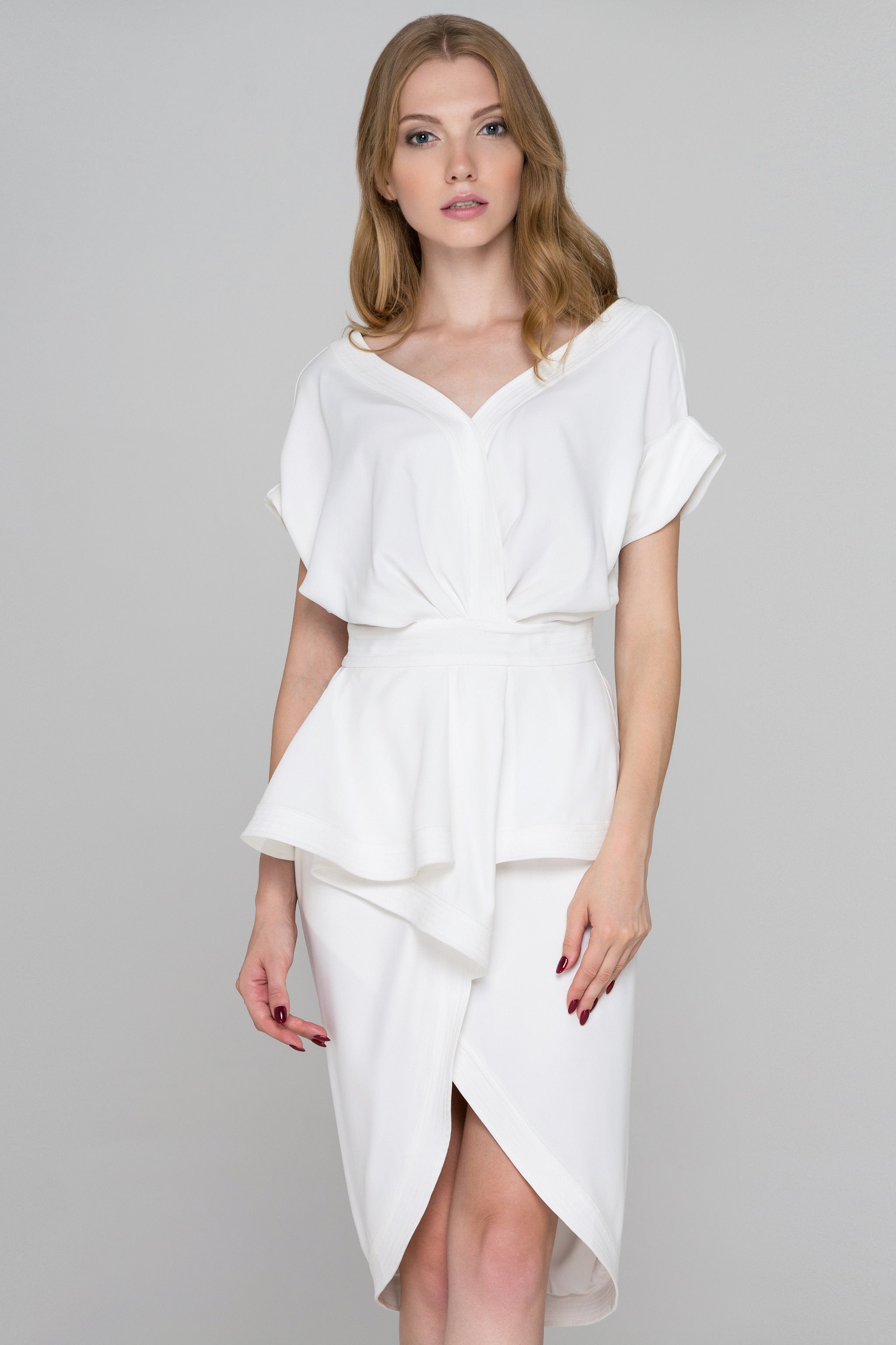 White Overlap Drape Midi Dress